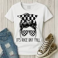 It's Race Day Y'all Checkered Flag Messy Bun Racing Lovers Great Gift Women's T-Shirt thumb 3