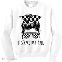 It's Race Day Y'all Checkered Flag Messy Bun Racing Lovers Great Gift Kids Sweatshirt thumb 0