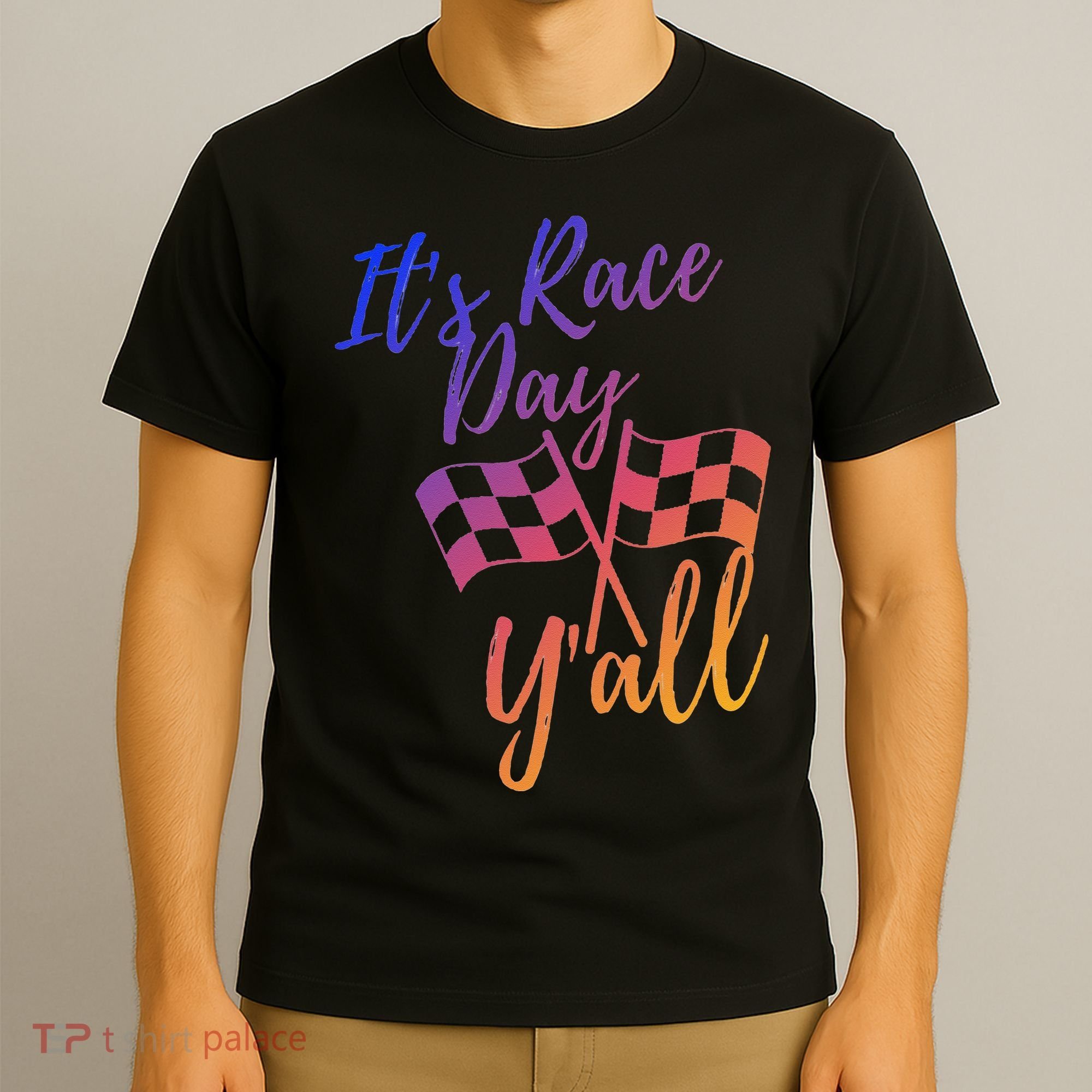 Its Race Day Yall Checkered Flag American Flag Race T-Shirt
