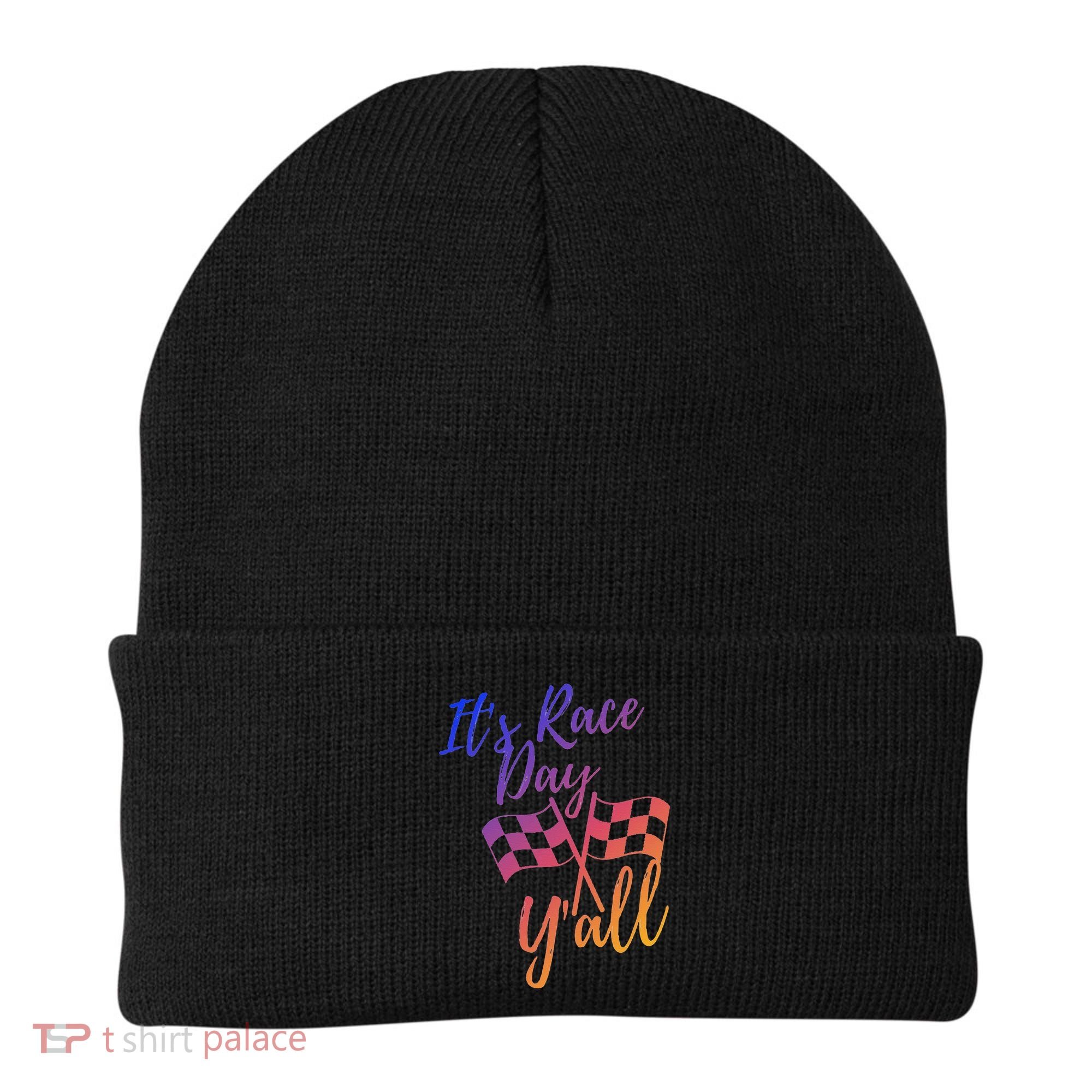 Its Race Day Yall Checkered Flag American Flag Race Beanie