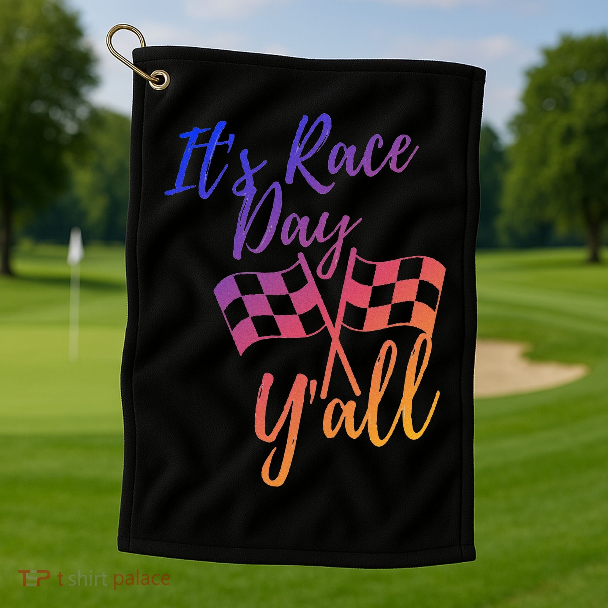 Its Race Day Yall Checkered Flag American Flag Race Golf Towel