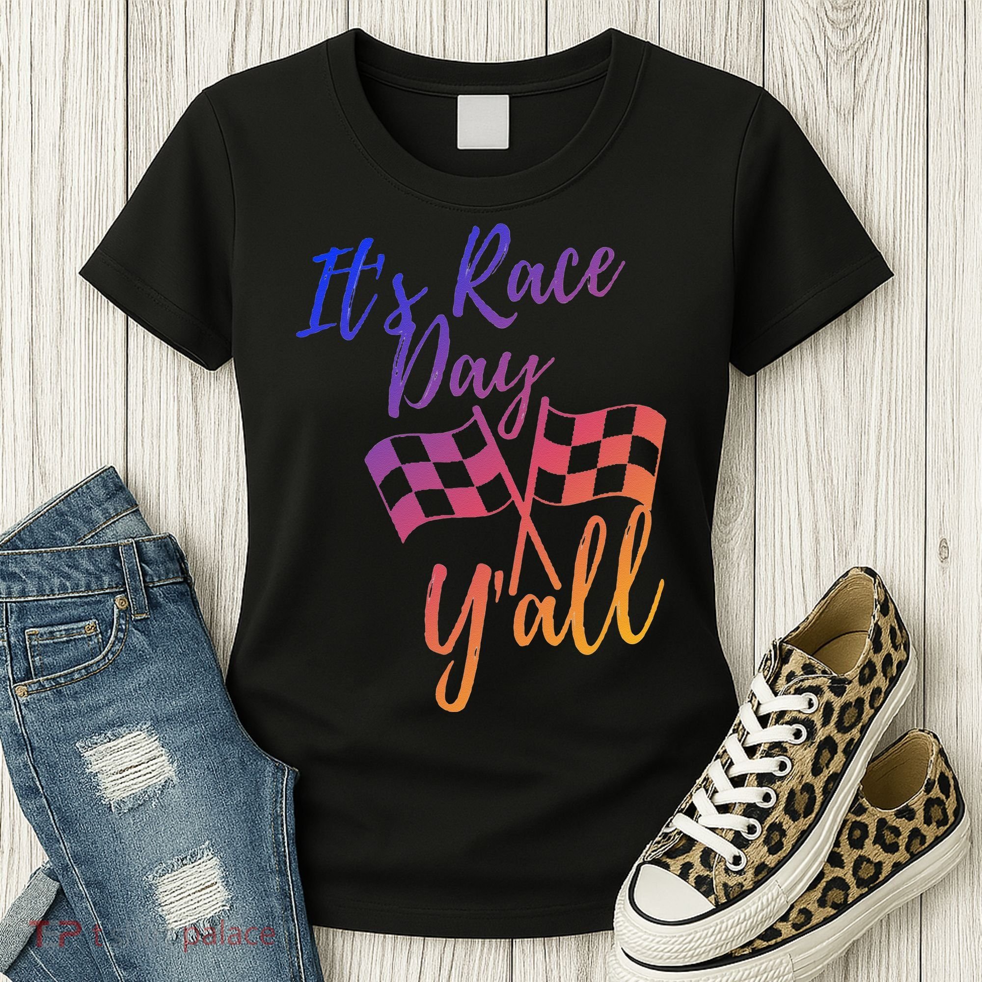 Its Race Day Yall Checkered Flag American Flag Race Women's T-Shirt
