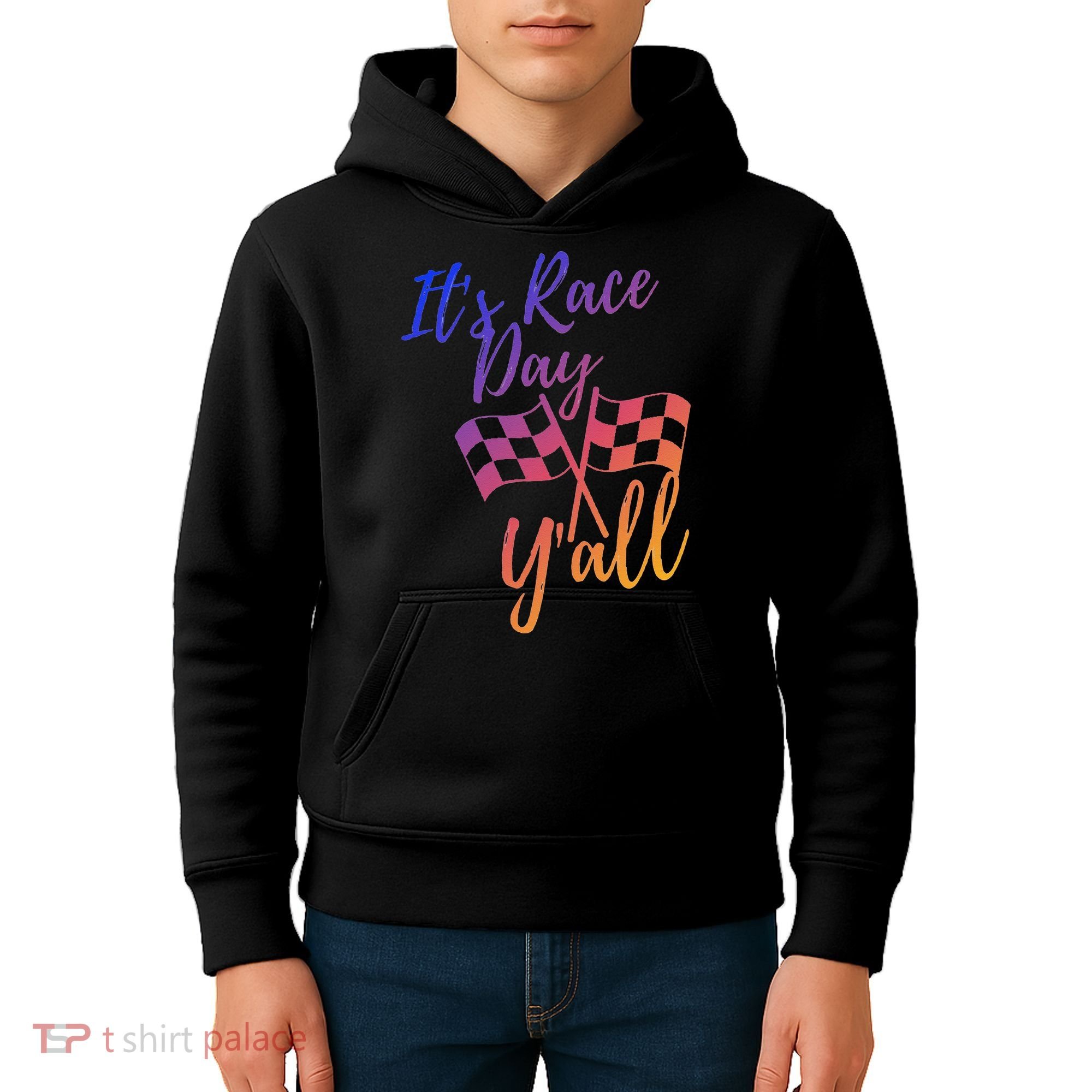 Its Race Day Yall Checkered Flag American Flag Race Kids Hoodie