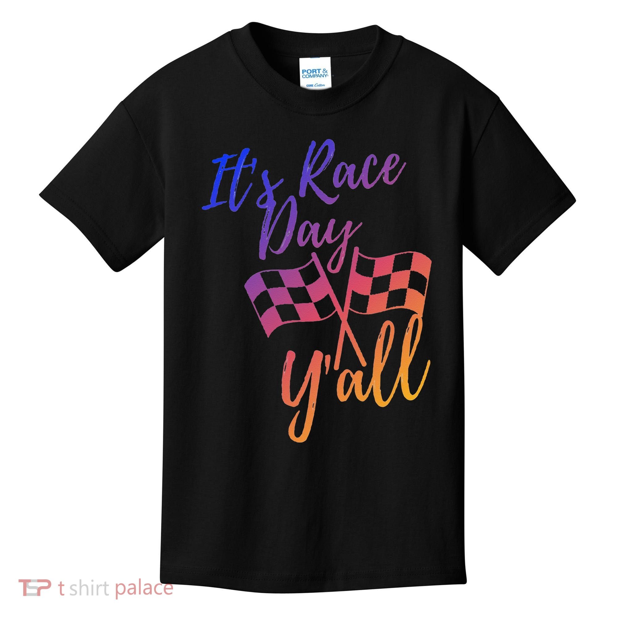 Its Race Day Yall Checkered Flag American Flag Race Kids T-Shirt