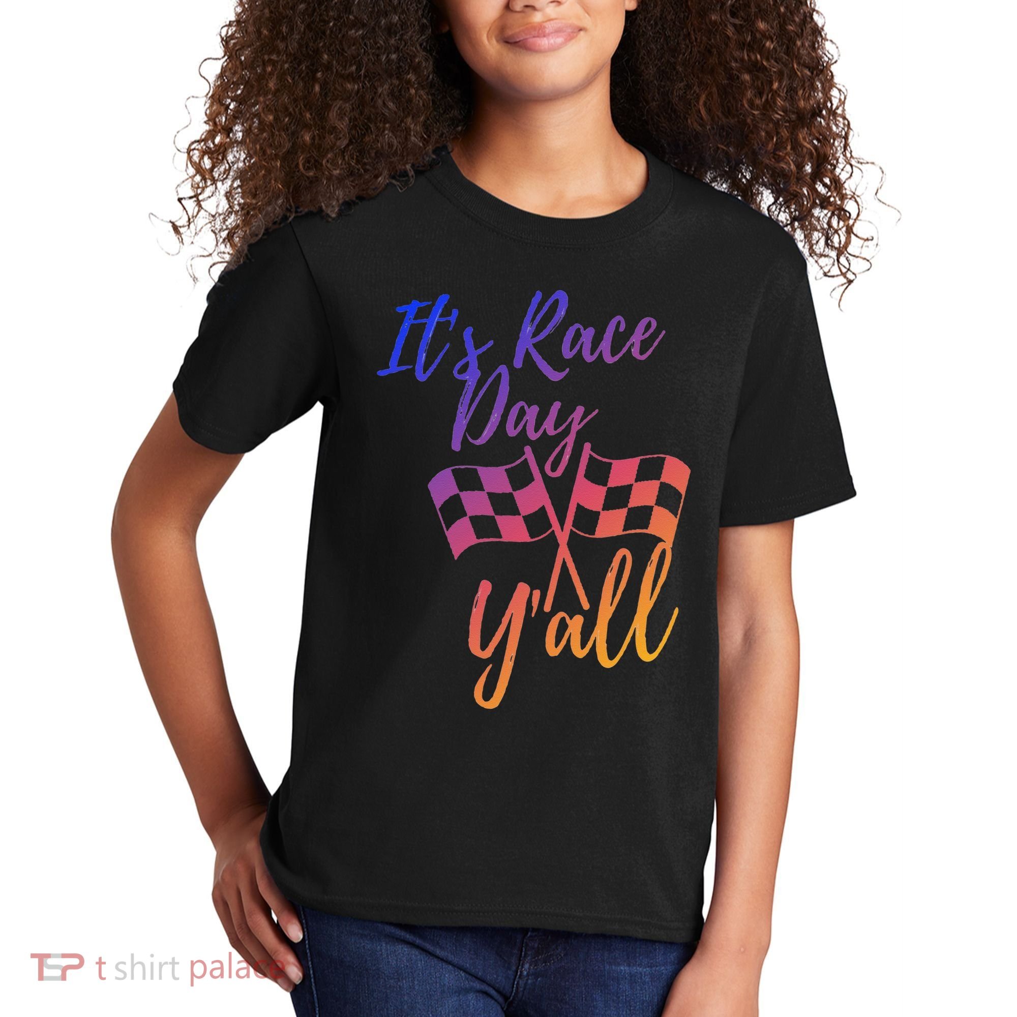 Its Race Day Yall Checkered Flag American Flag Race Kids T-Shirt