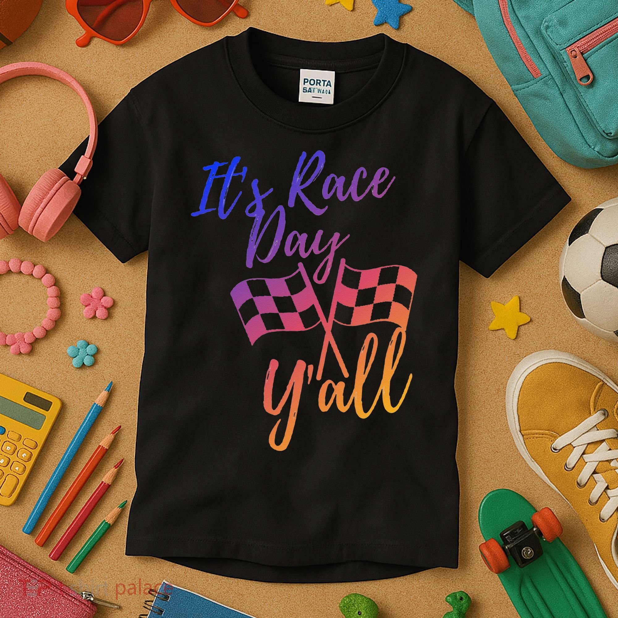 Its Race Day Yall Checkered Flag American Flag Race Kids T-Shirt