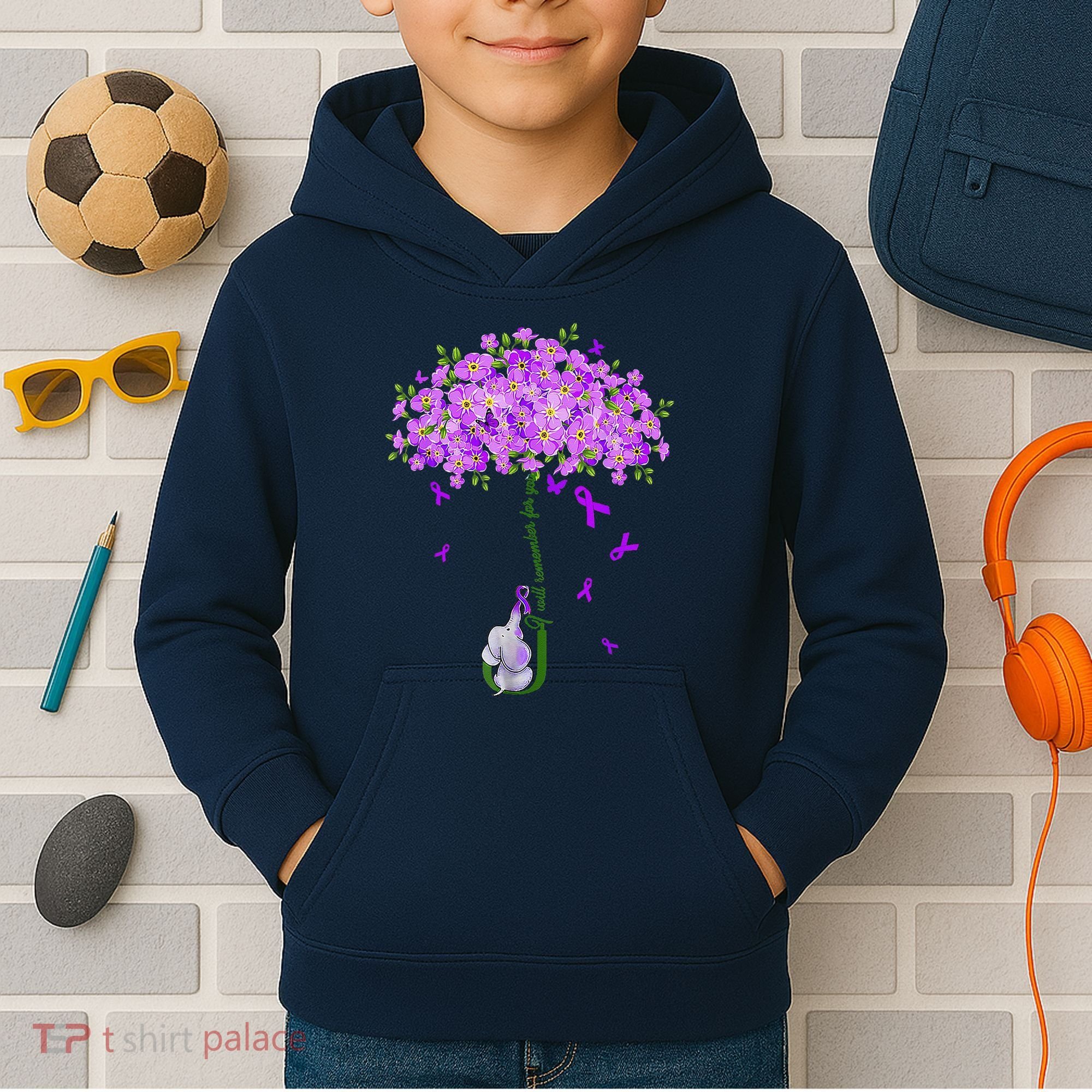 ILl Remember For You Purple Elephant AlzheimerS Awareness Kids Hoodie