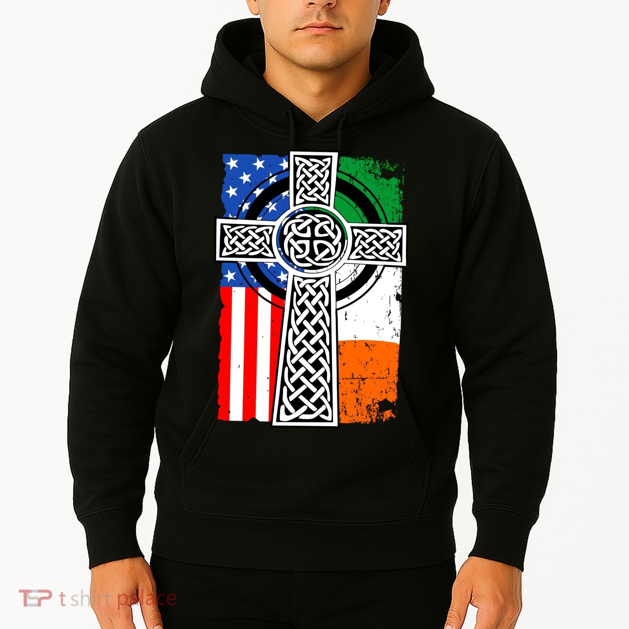 Irish American USA Flag Celtic Cross St Patrick's Day Hoodie