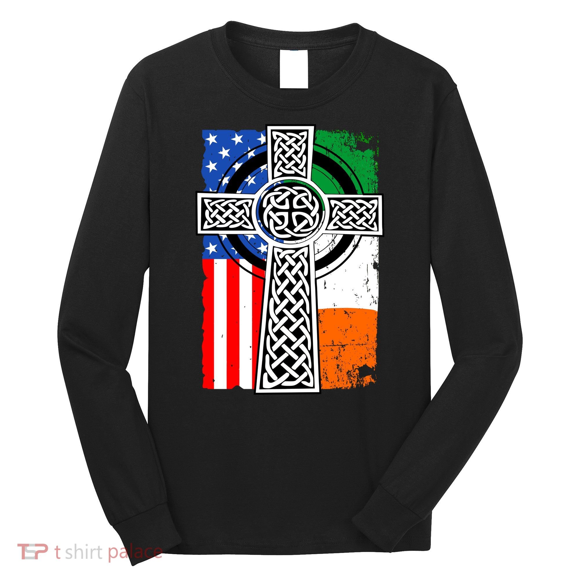 Irish American USA Flag Celtic Cross St Patrick's Day Long Sleeve Shirt