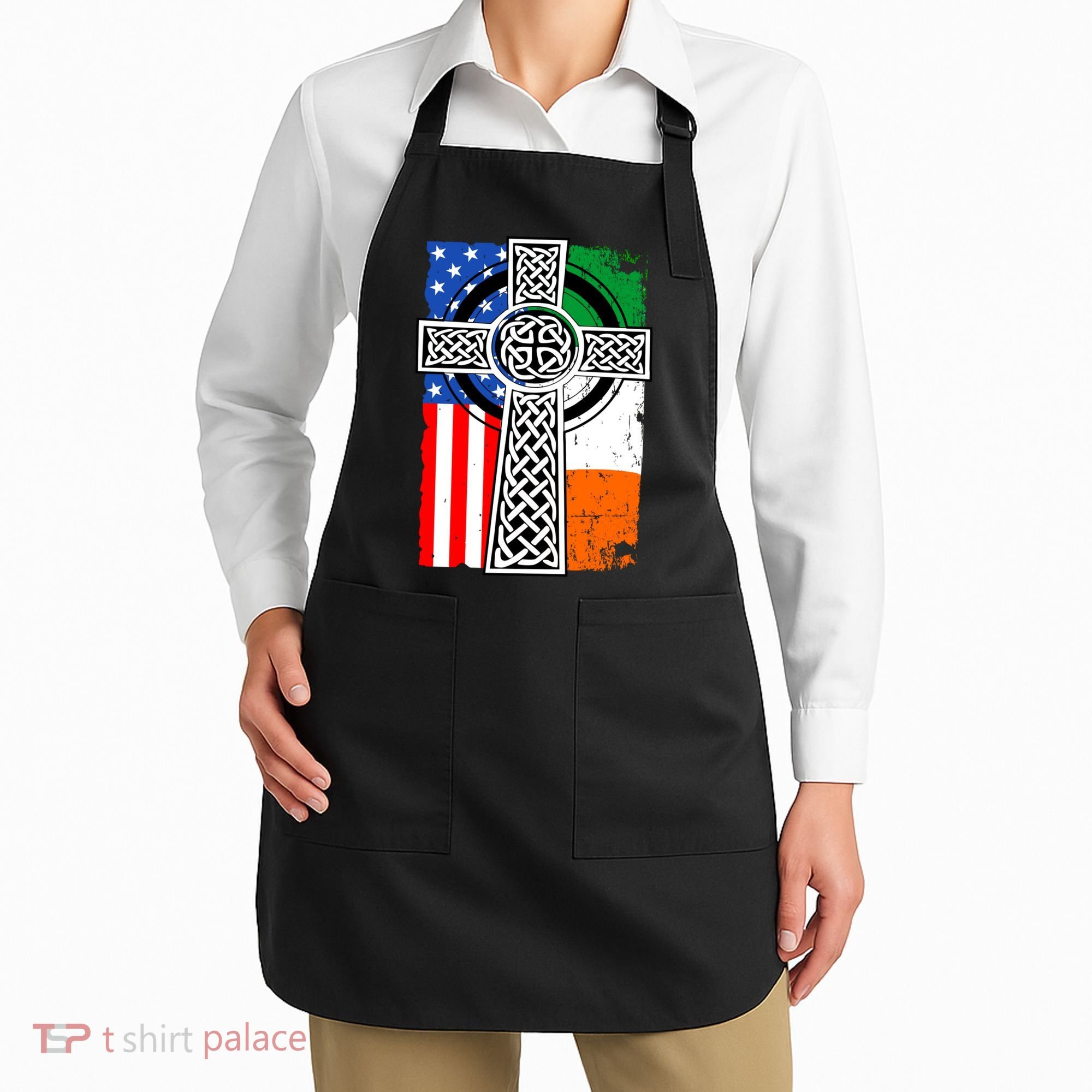 Irish American USA Flag Celtic Cross St Patrick's Day Apron