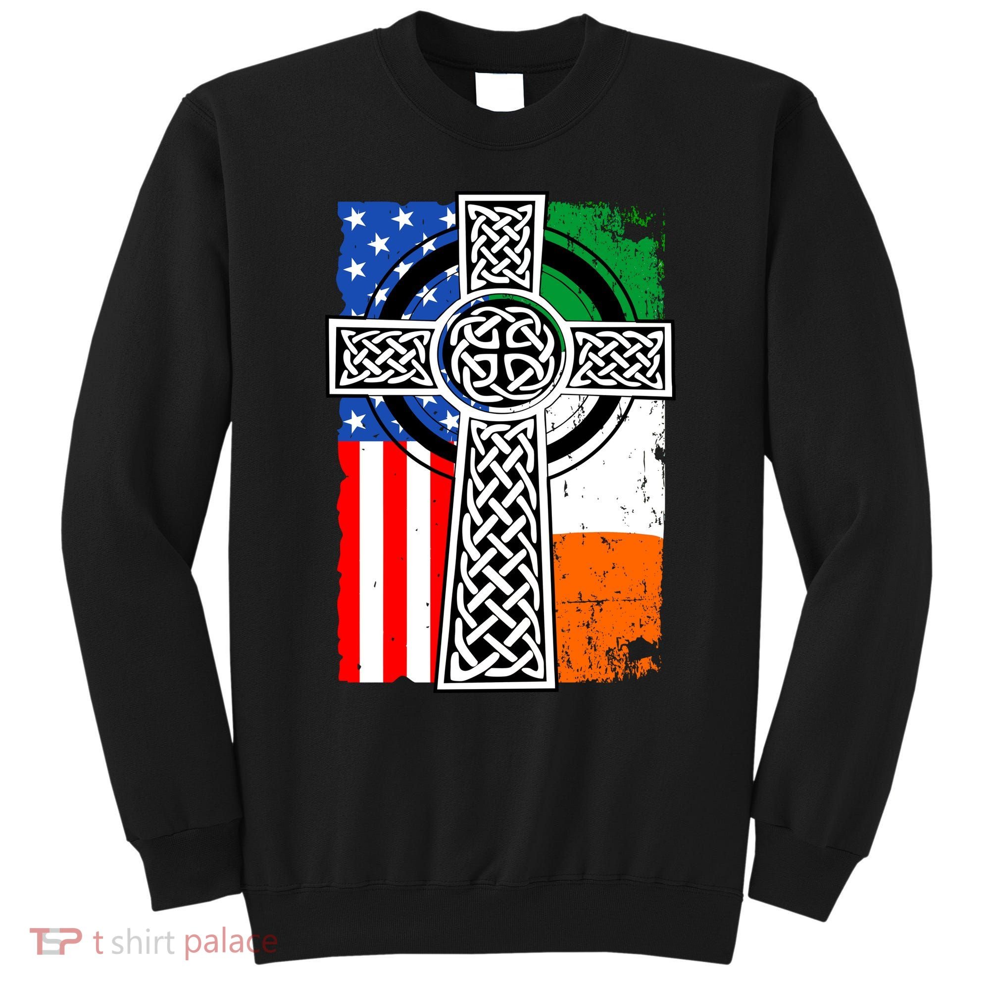 Irish American USA Flag Celtic Cross St Patrick's Day Sweatshirt