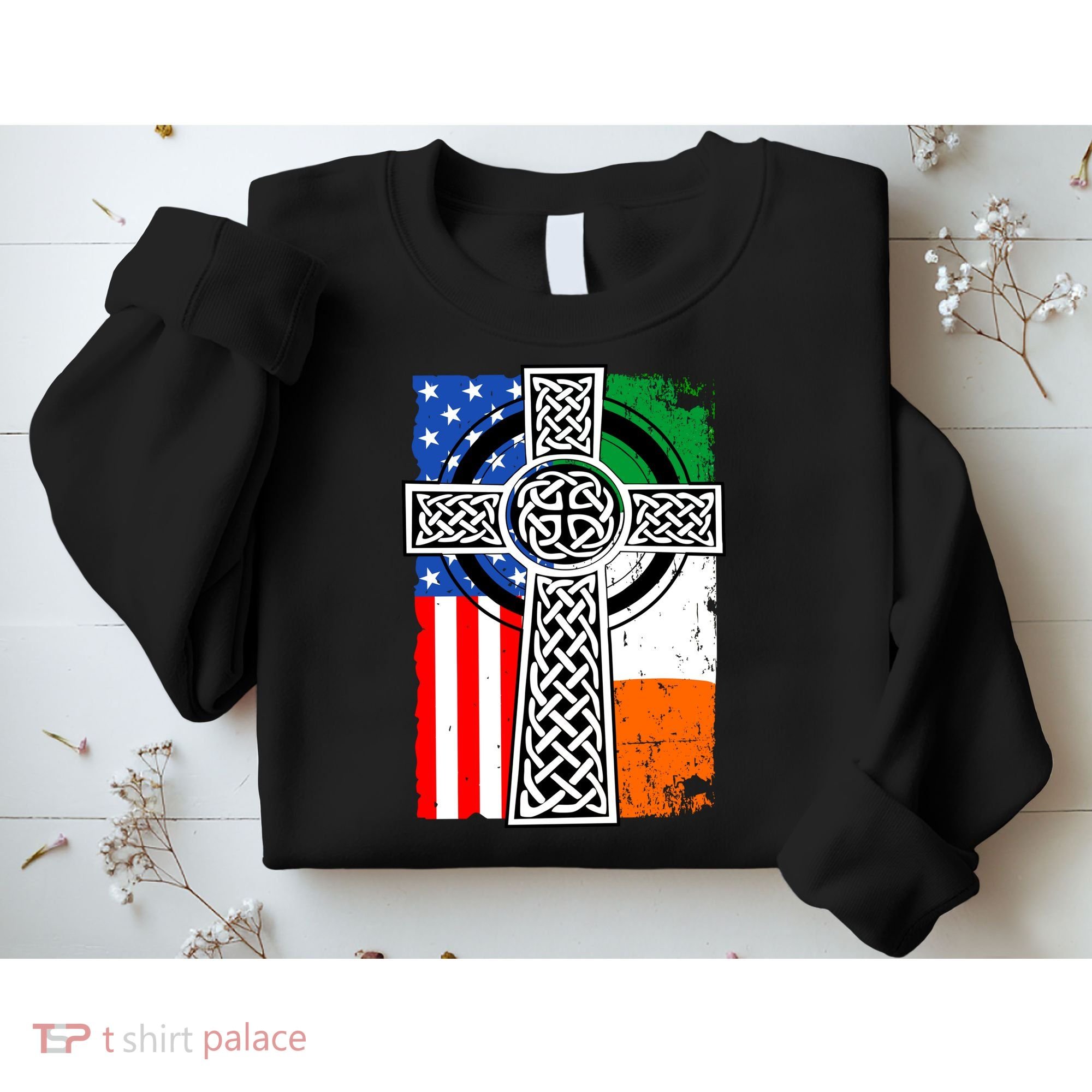 Irish American USA Flag Celtic Cross St Patrick's Day Sweatshirt