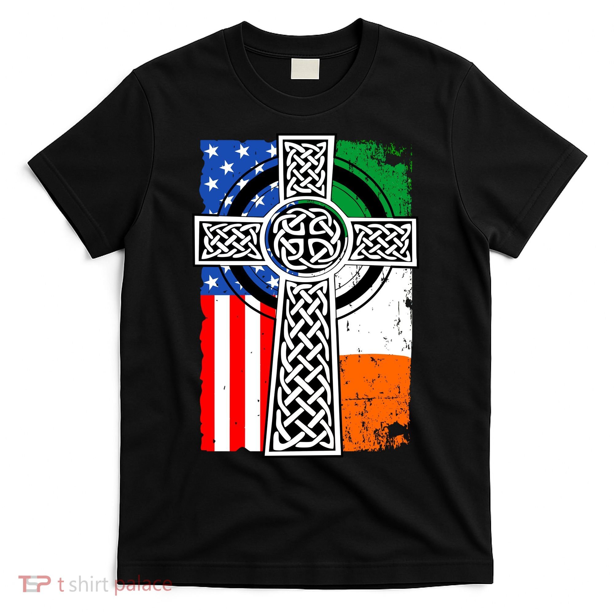 Irish American USA Flag Celtic Cross St Patrick's Day T-Shirt