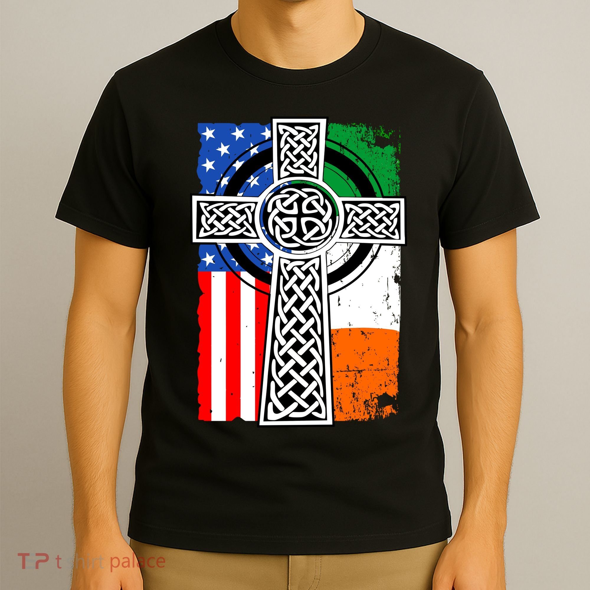 Irish American USA Flag Celtic Cross St Patrick's Day T-Shirt