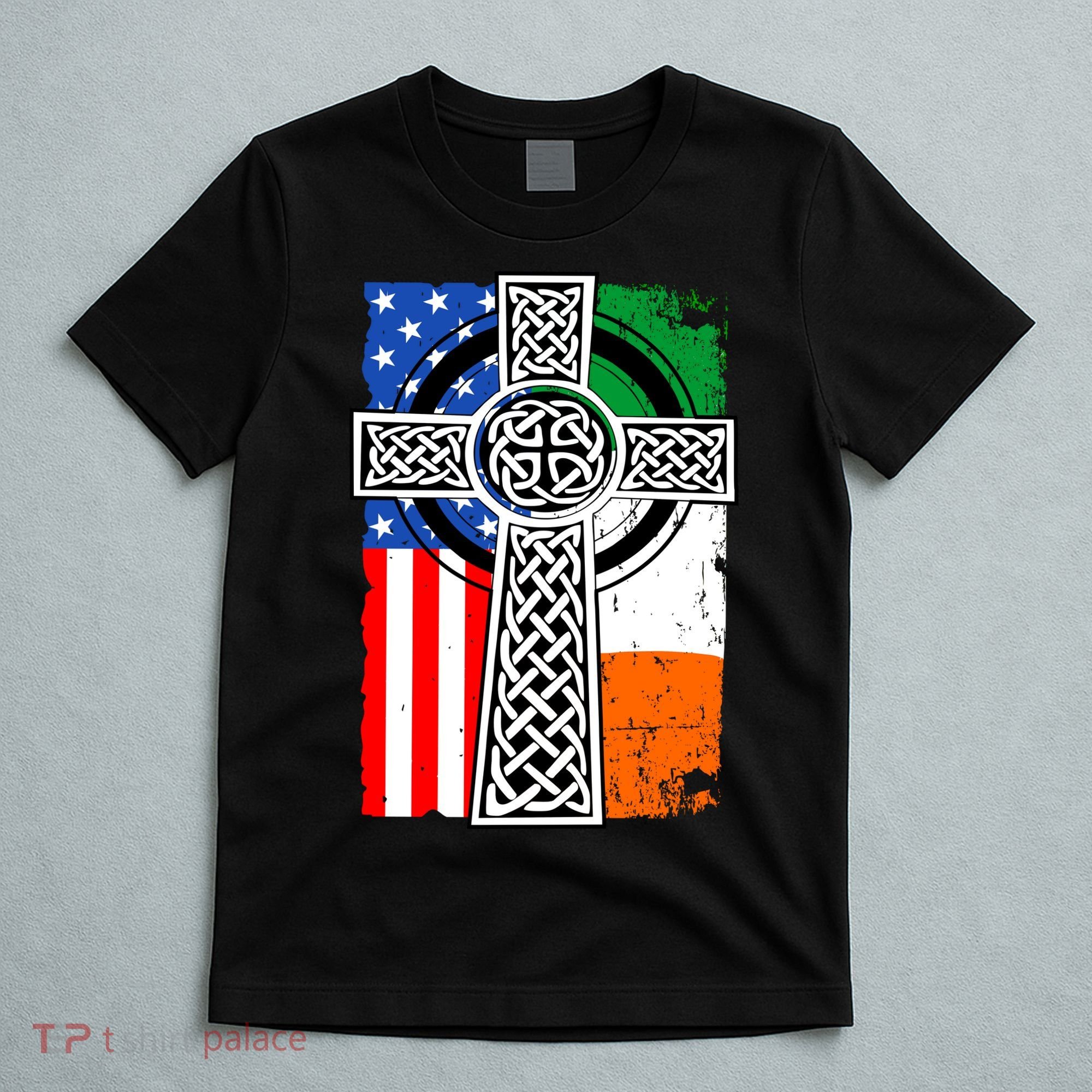 Irish American USA Flag Celtic Cross St Patrick's Day T-Shirt
