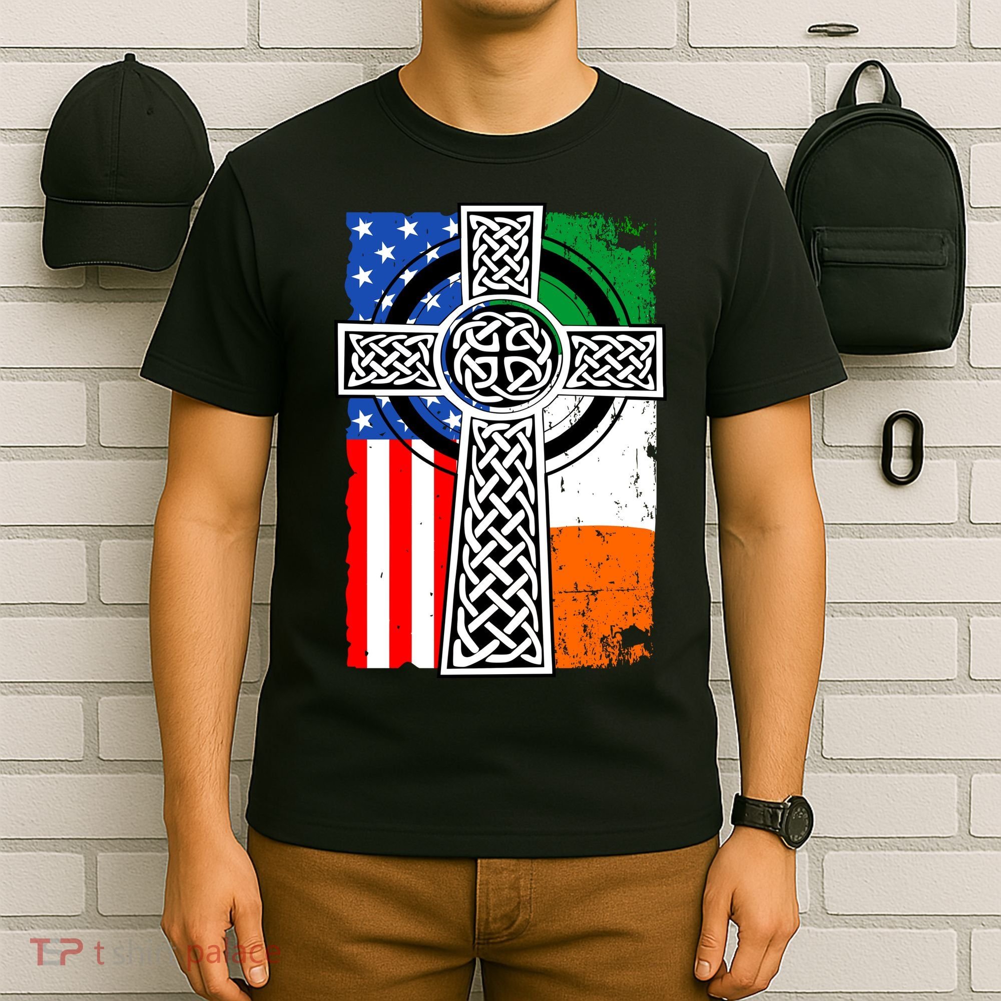 Irish American USA Flag Celtic Cross St Patrick's Day T-Shirt