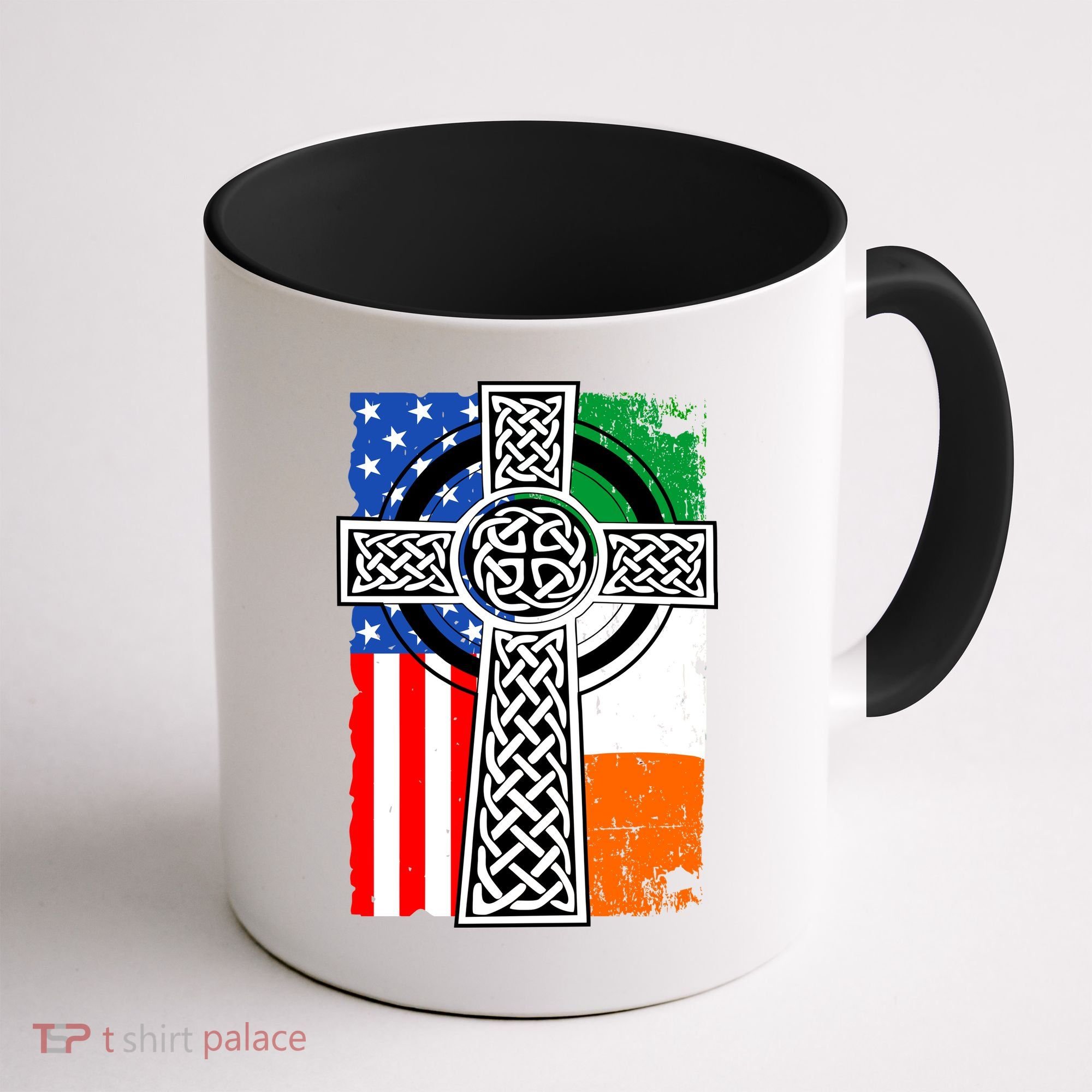 Irish American USA Flag Celtic Cross St Patrick's Day Coffee Mug