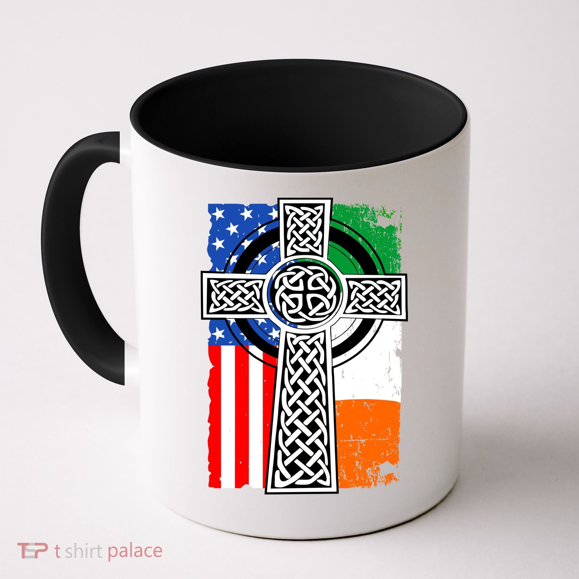 Irish American USA Flag Celtic Cross St Patrick's Day Coffee Mug