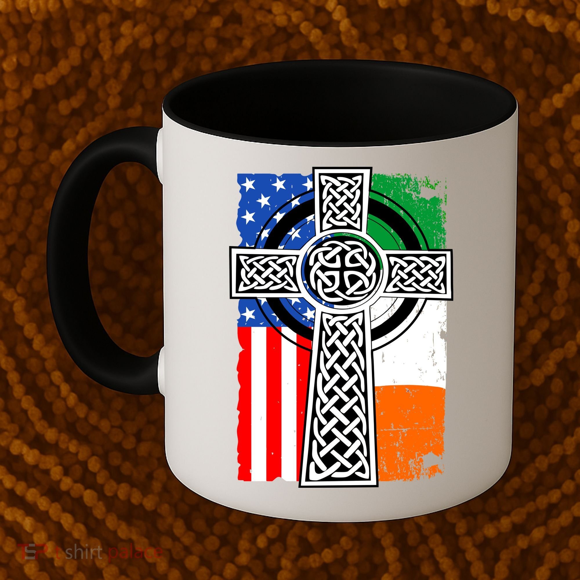 Irish American USA Flag Celtic Cross St Patrick's Day Coffee Mug