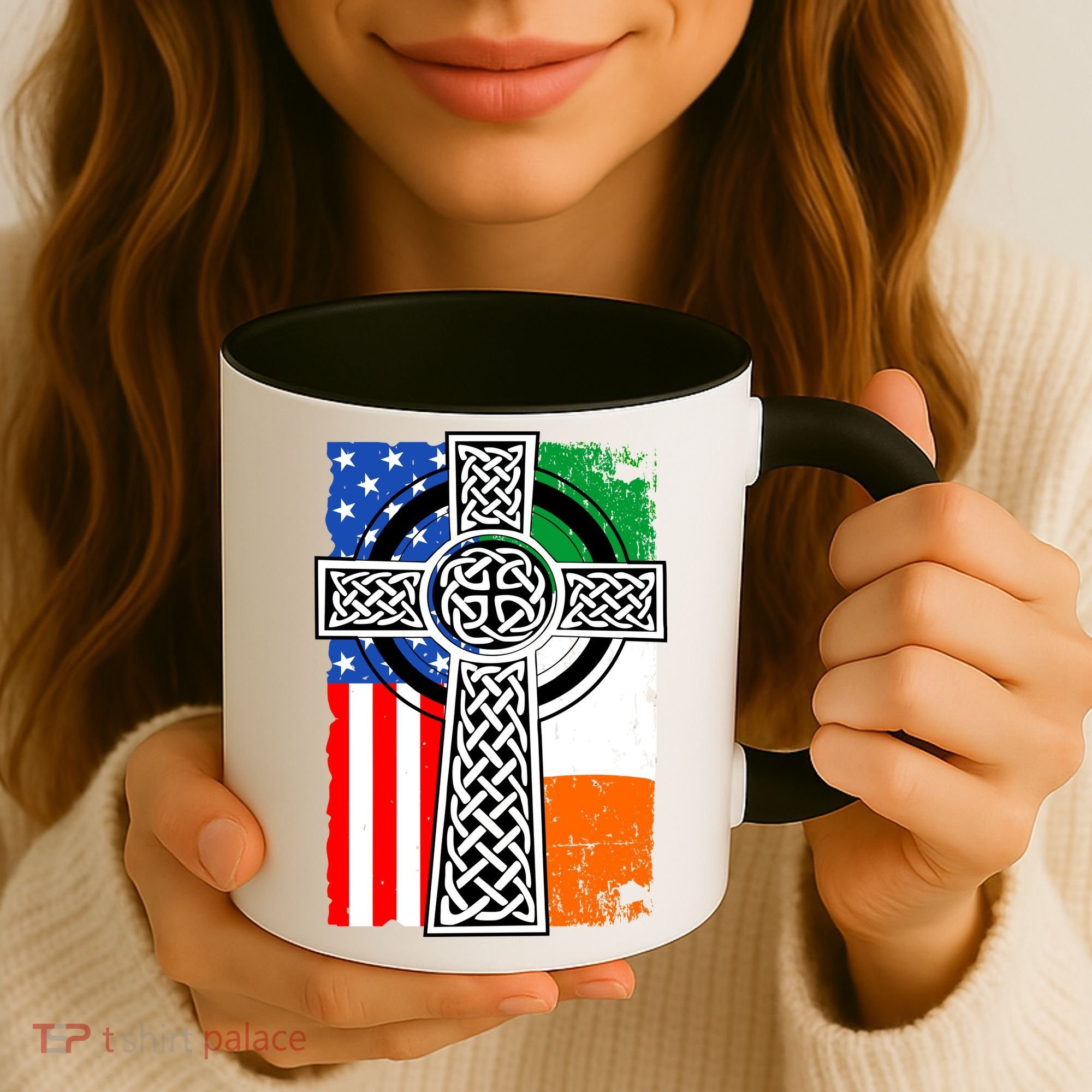 Irish American USA Flag Celtic Cross St Patrick's Day Coffee Mug