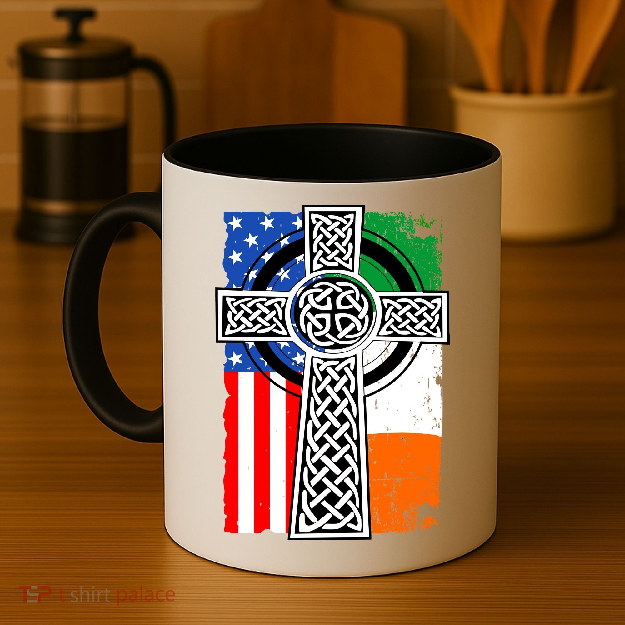 Irish American USA Flag Celtic Cross St Patrick's Day Coffee Mug