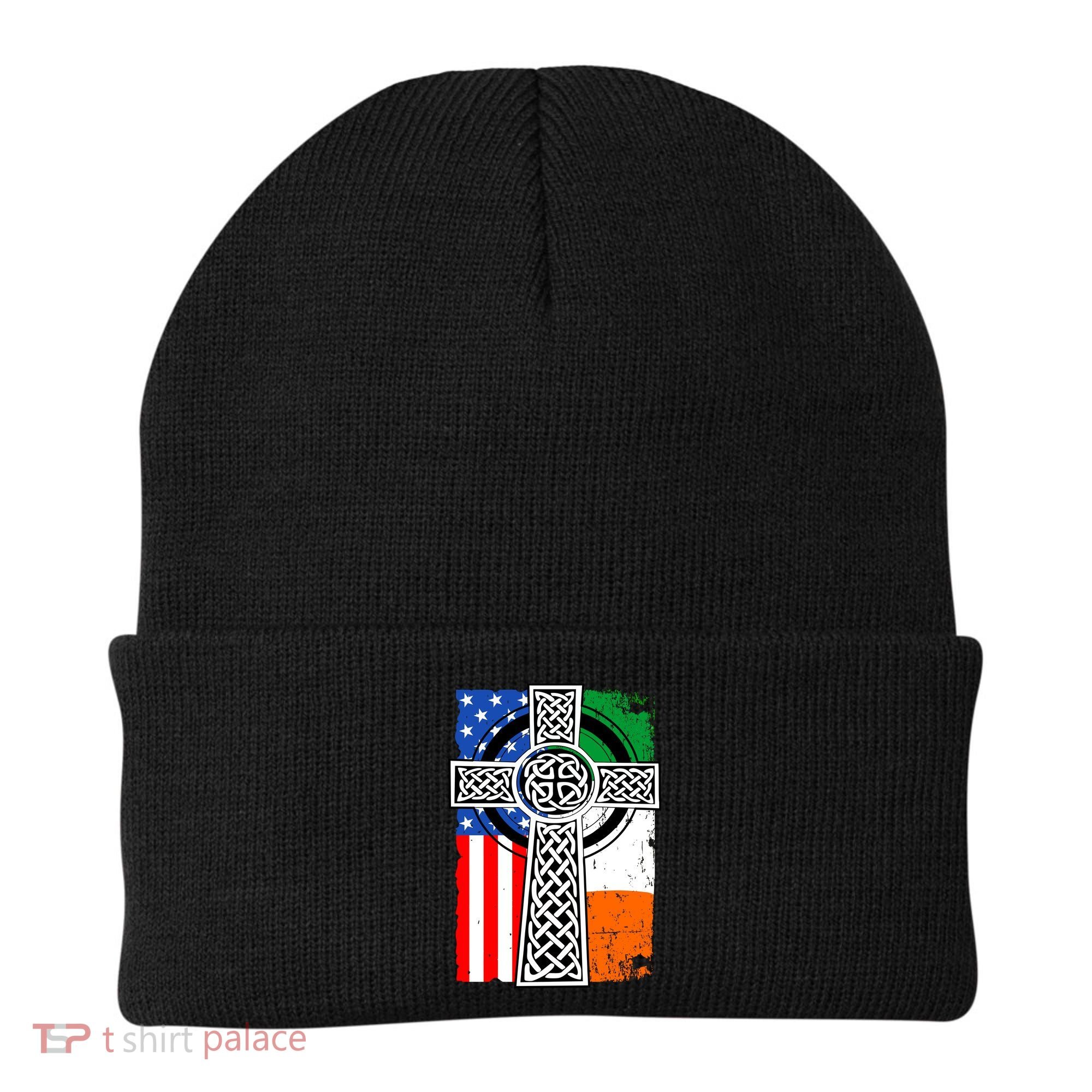 Irish American USA Flag Celtic Cross St Patrick's Day Beanie