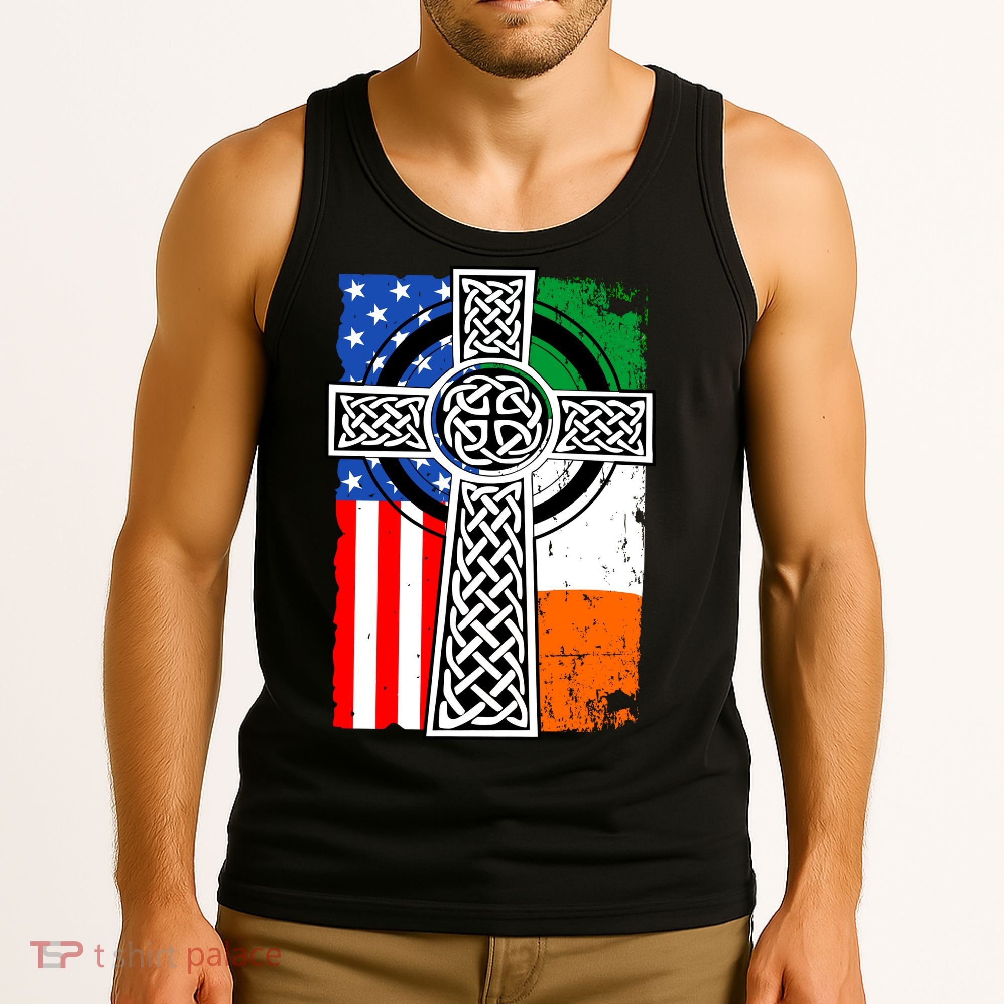 Irish American USA Flag Celtic Cross St Patrick's Day Tank Top