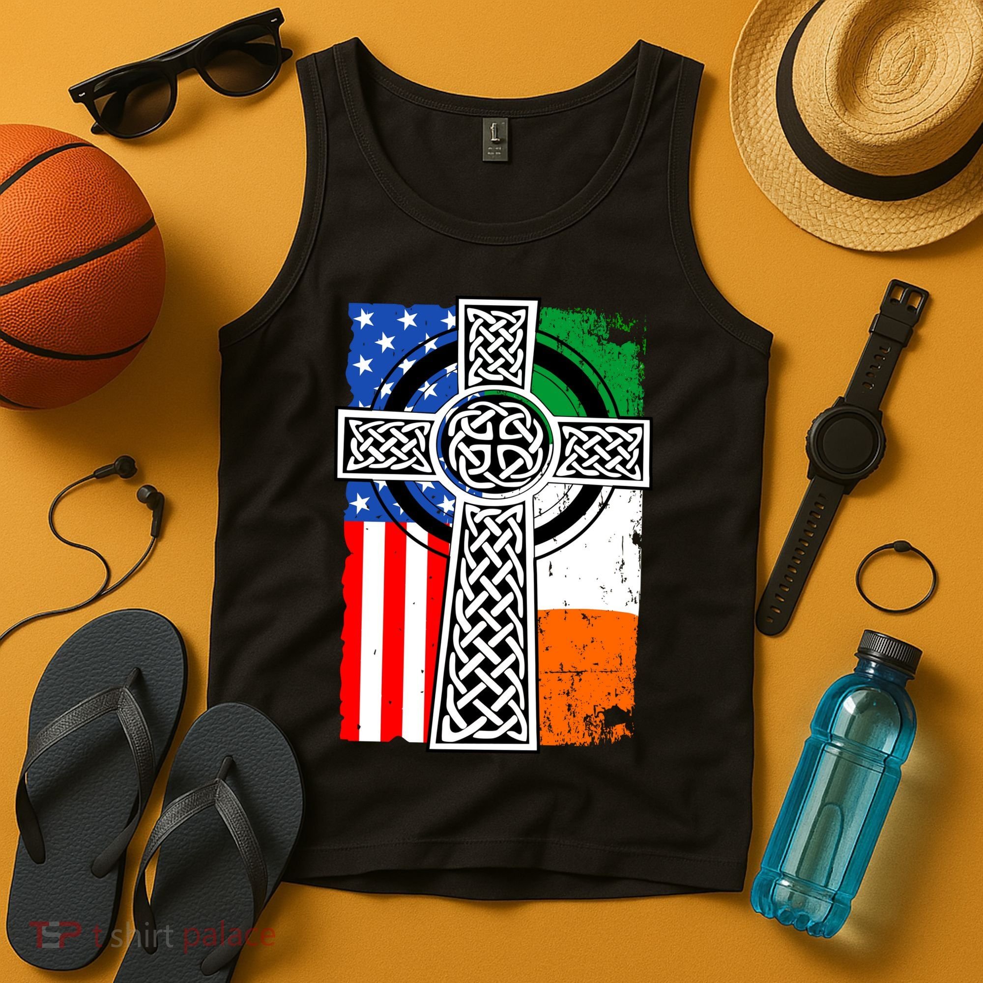 Irish American USA Flag Celtic Cross St Patrick's Day Tank Top
