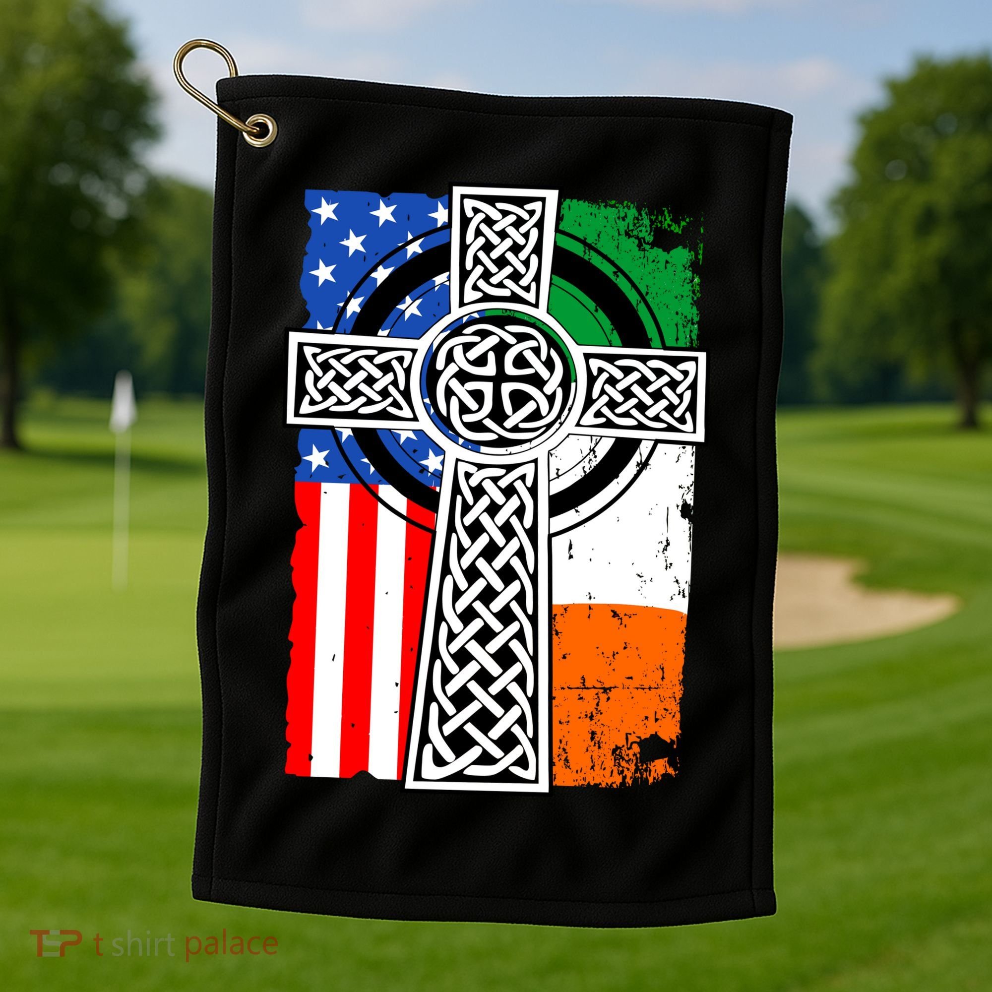 Irish American USA Flag Celtic Cross St Patrick's Day Golf Towel