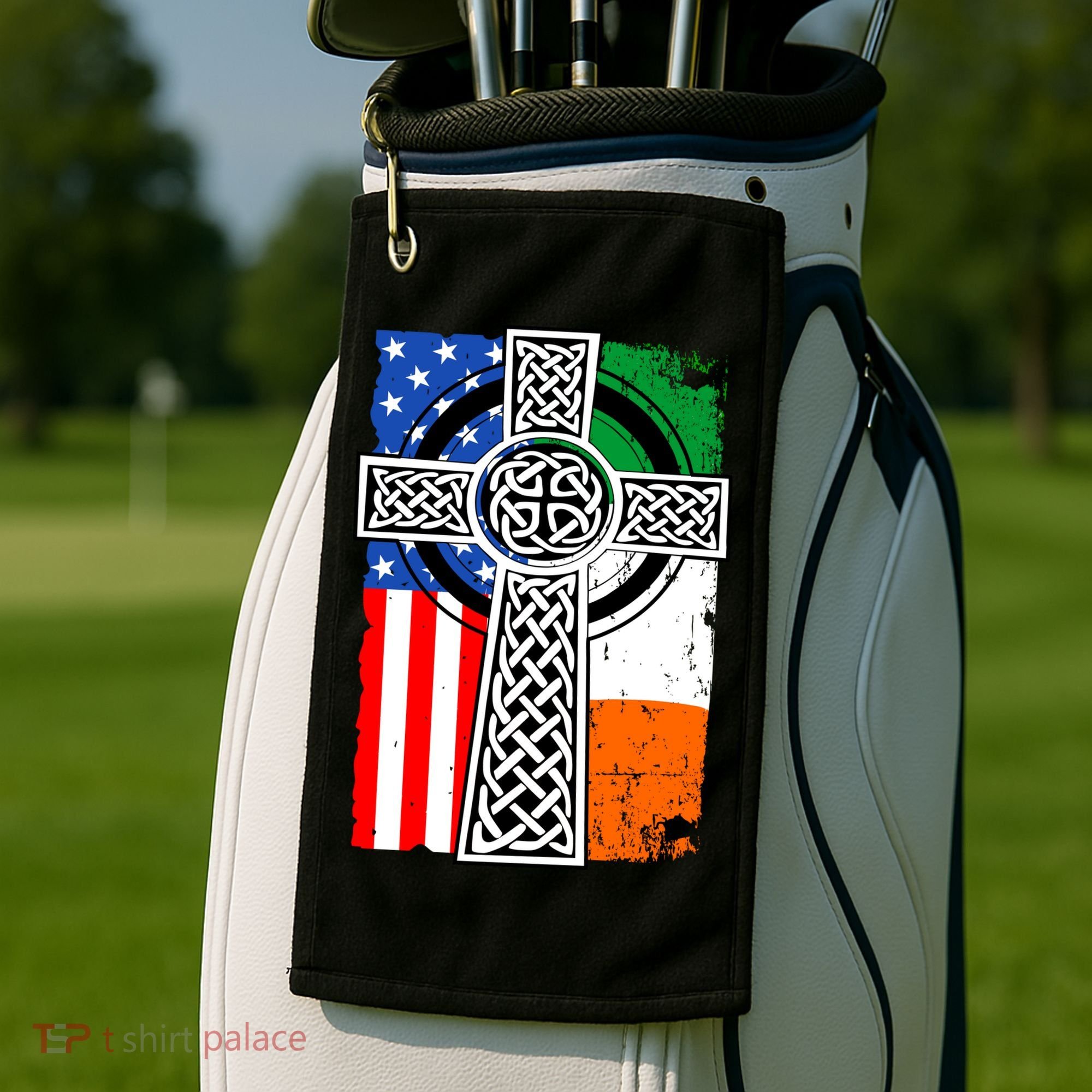 Irish American USA Flag Celtic Cross St Patrick's Day Golf Towel