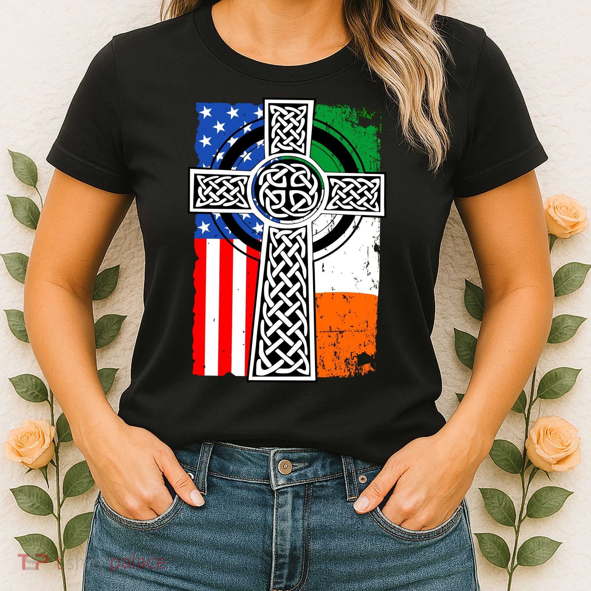 Irish American USA Flag Celtic Cross St Patrick's Day Women's T-Shirt