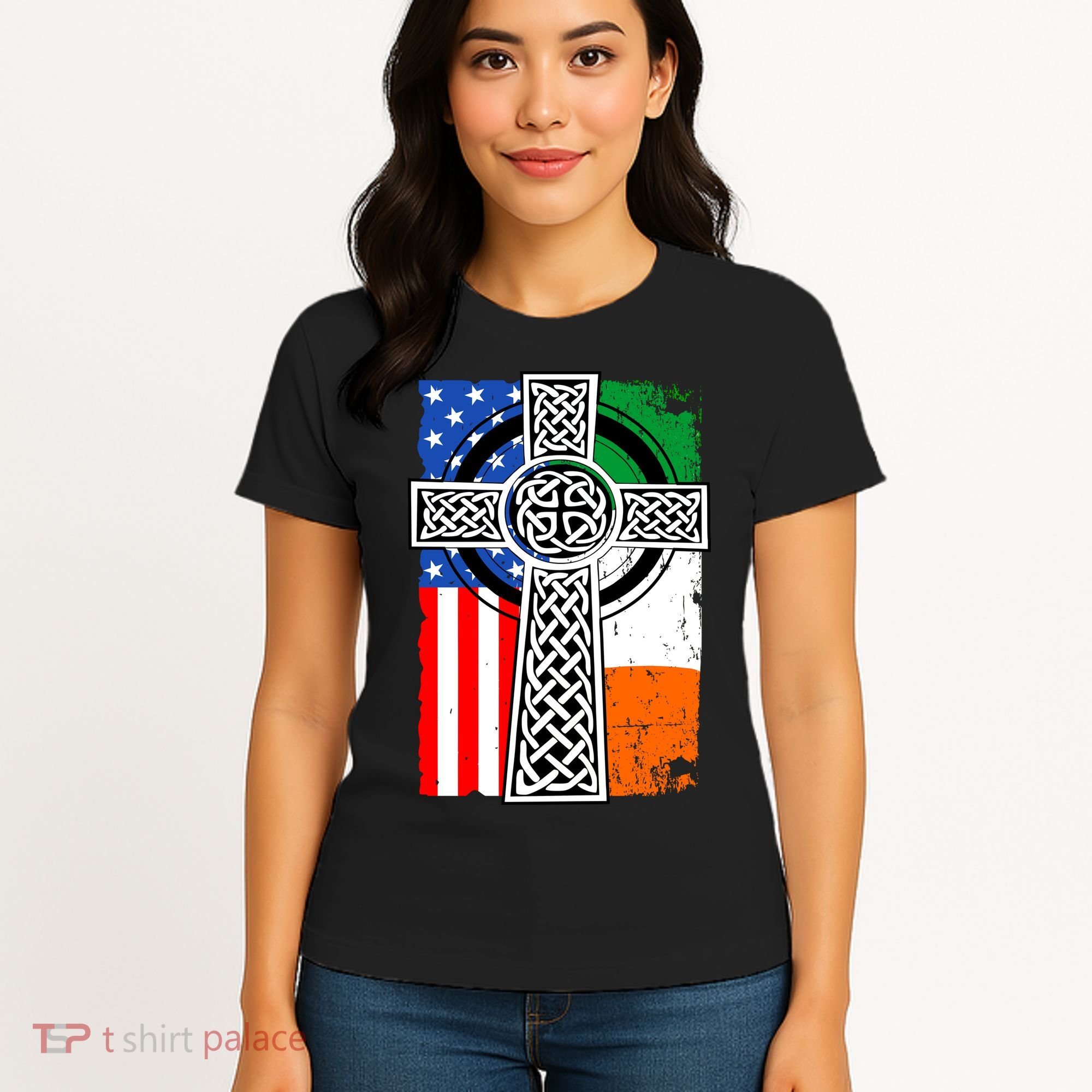 Irish American USA Flag Celtic Cross St Patrick's Day Women's T-Shirt
