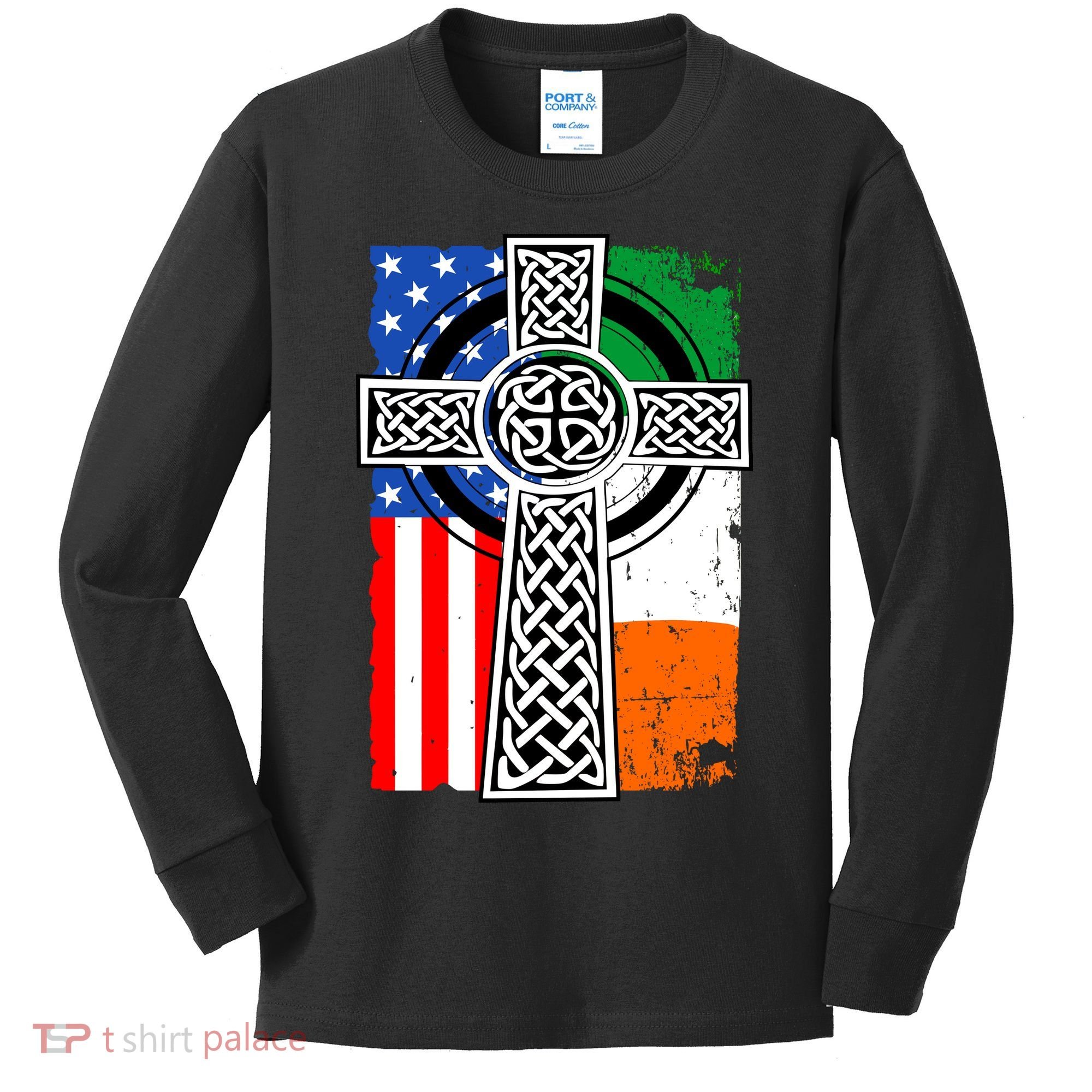 Irish American USA Flag Celtic Cross St Patrick's Day Kids Long Sleeve Shirt