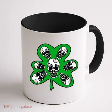Irish Shamrock Clover Skulls Coffee Mug back
