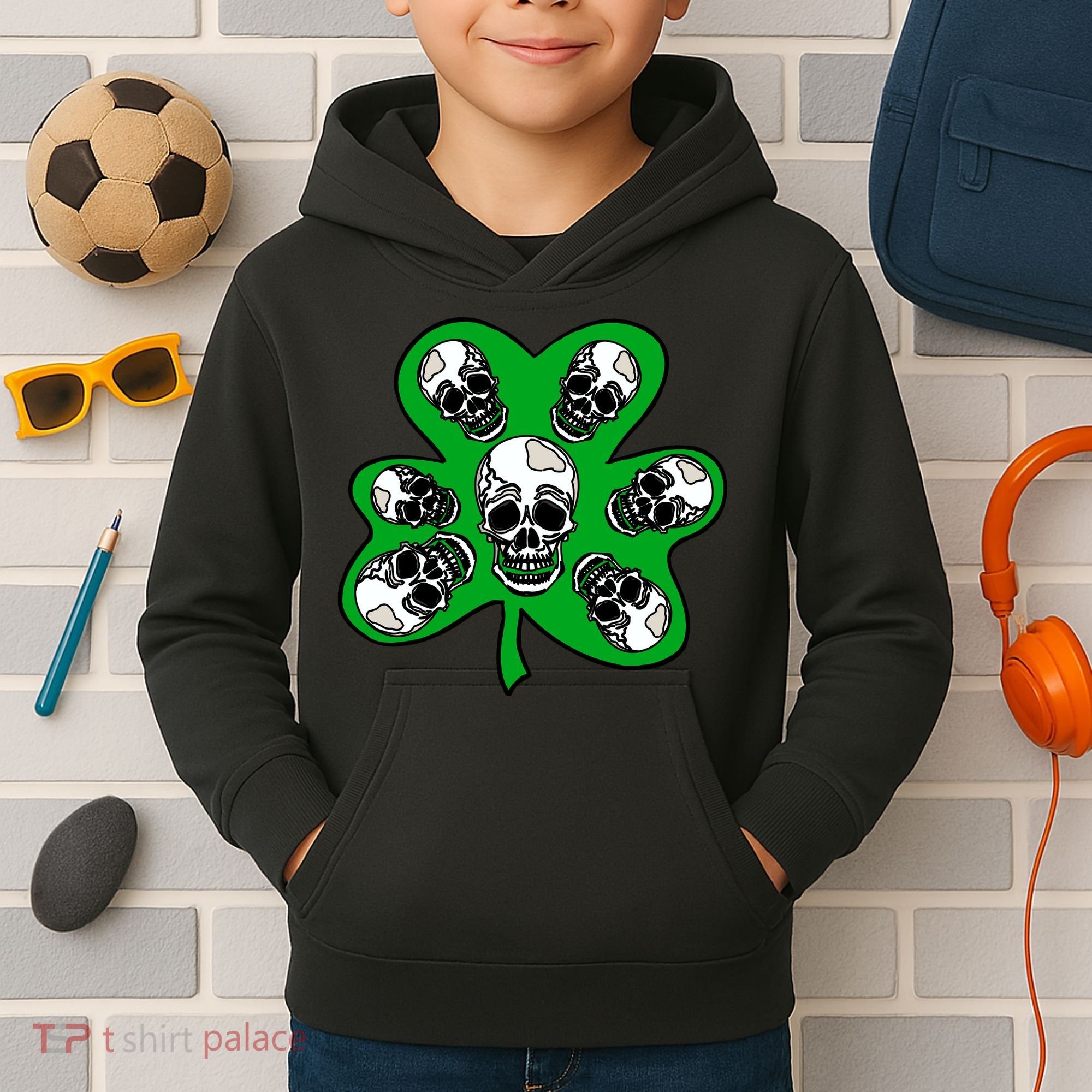 Irish Shamrock Clover Skulls Kids Hoodie