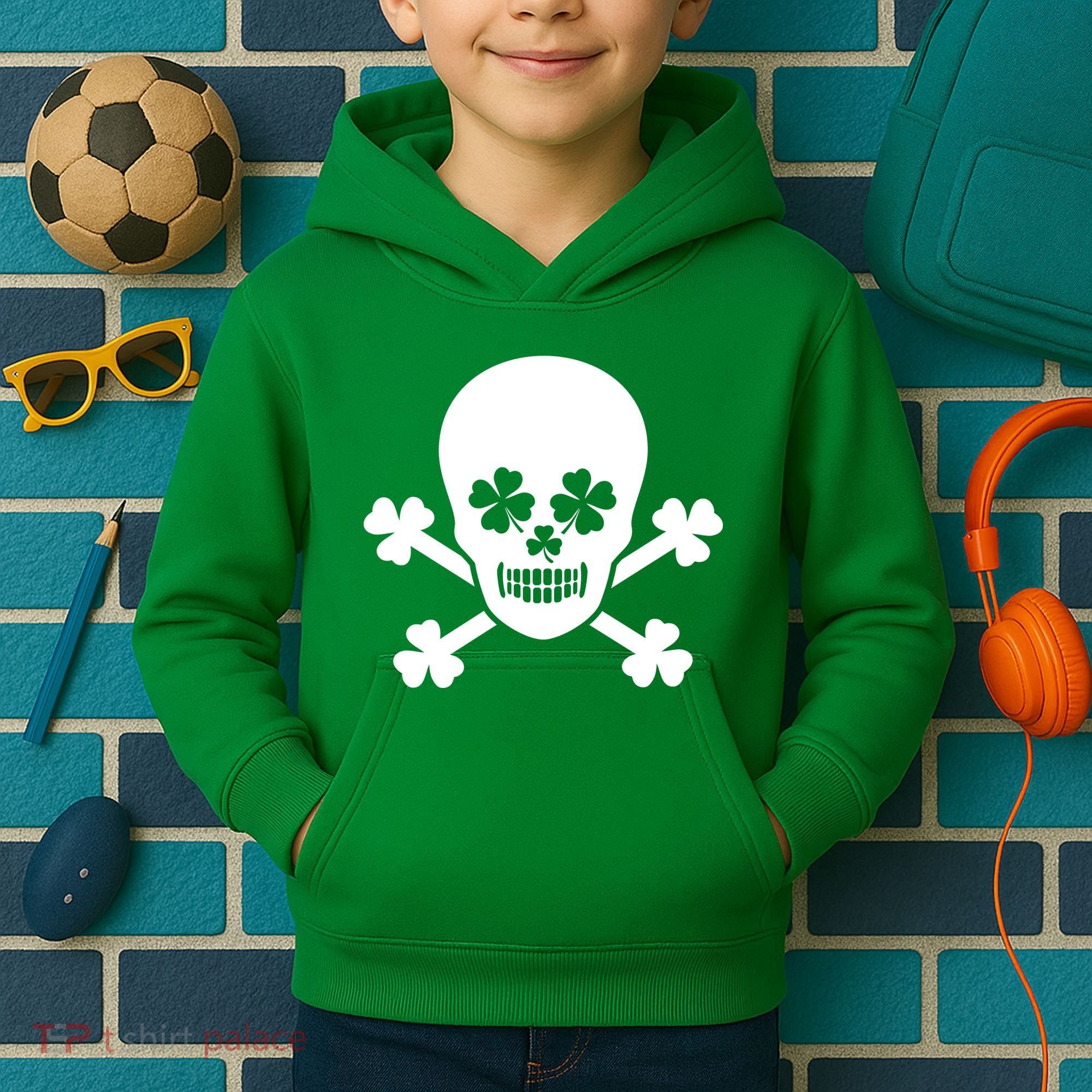 Irish Shamrock Skull Kids Hoodie