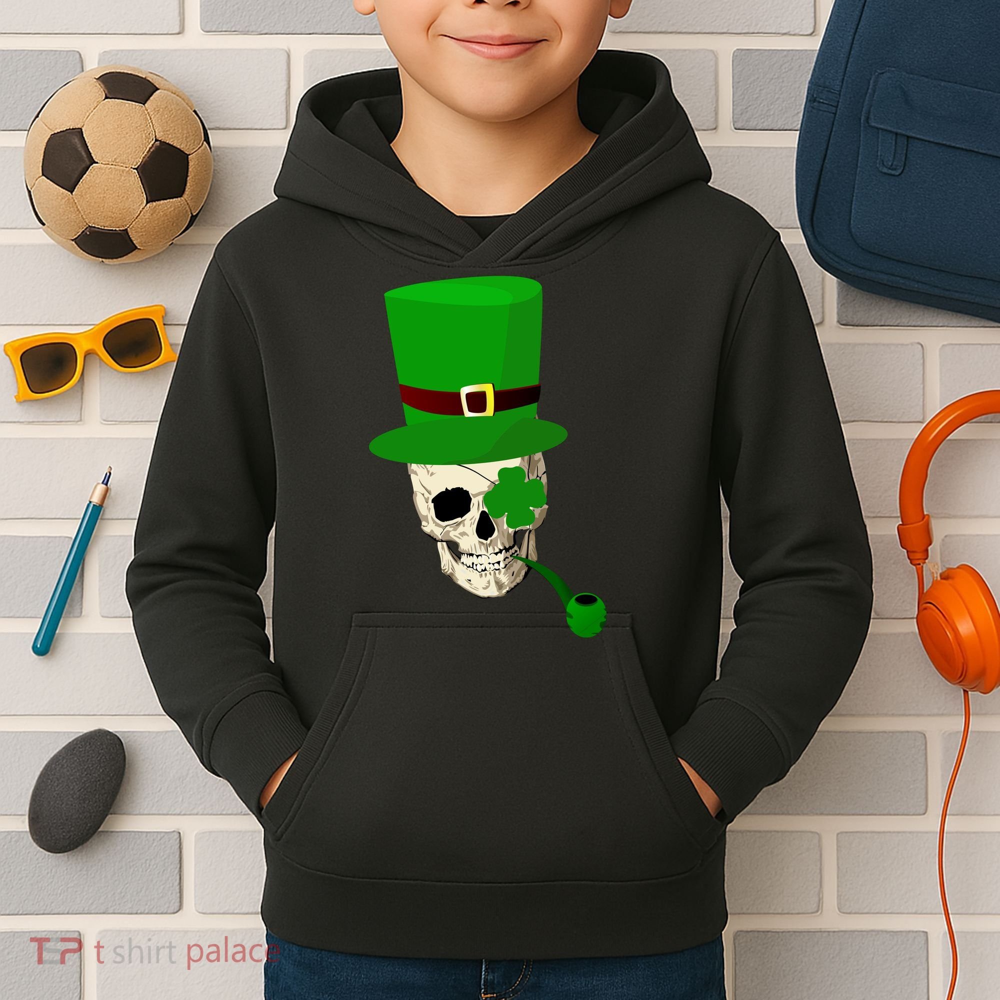 Irish Skull Smoking A Pipe Kids Hoodie