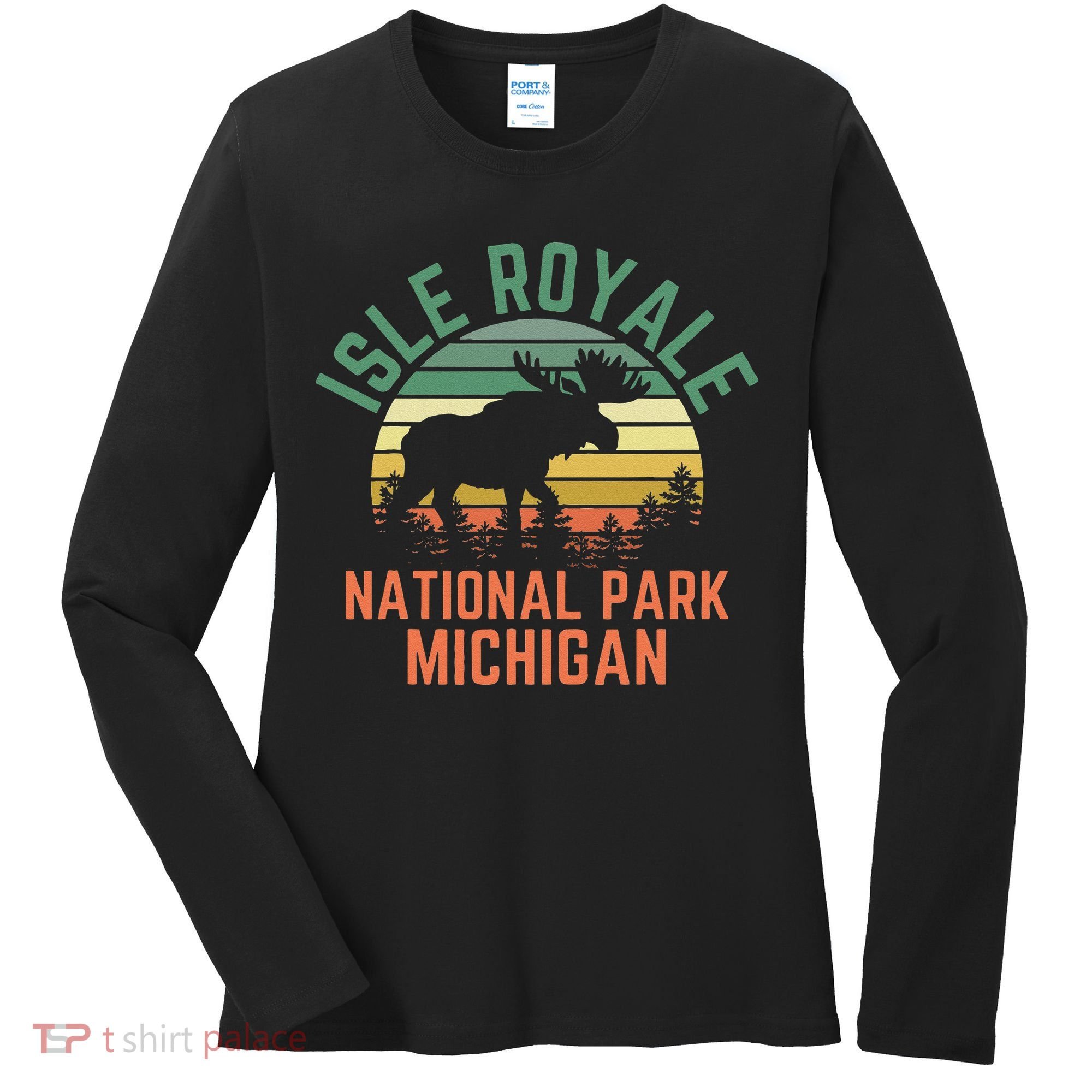 Isle Royale National Park Michigan Moose Hiking Nature Retro Women's Long Sleeve Shirt
