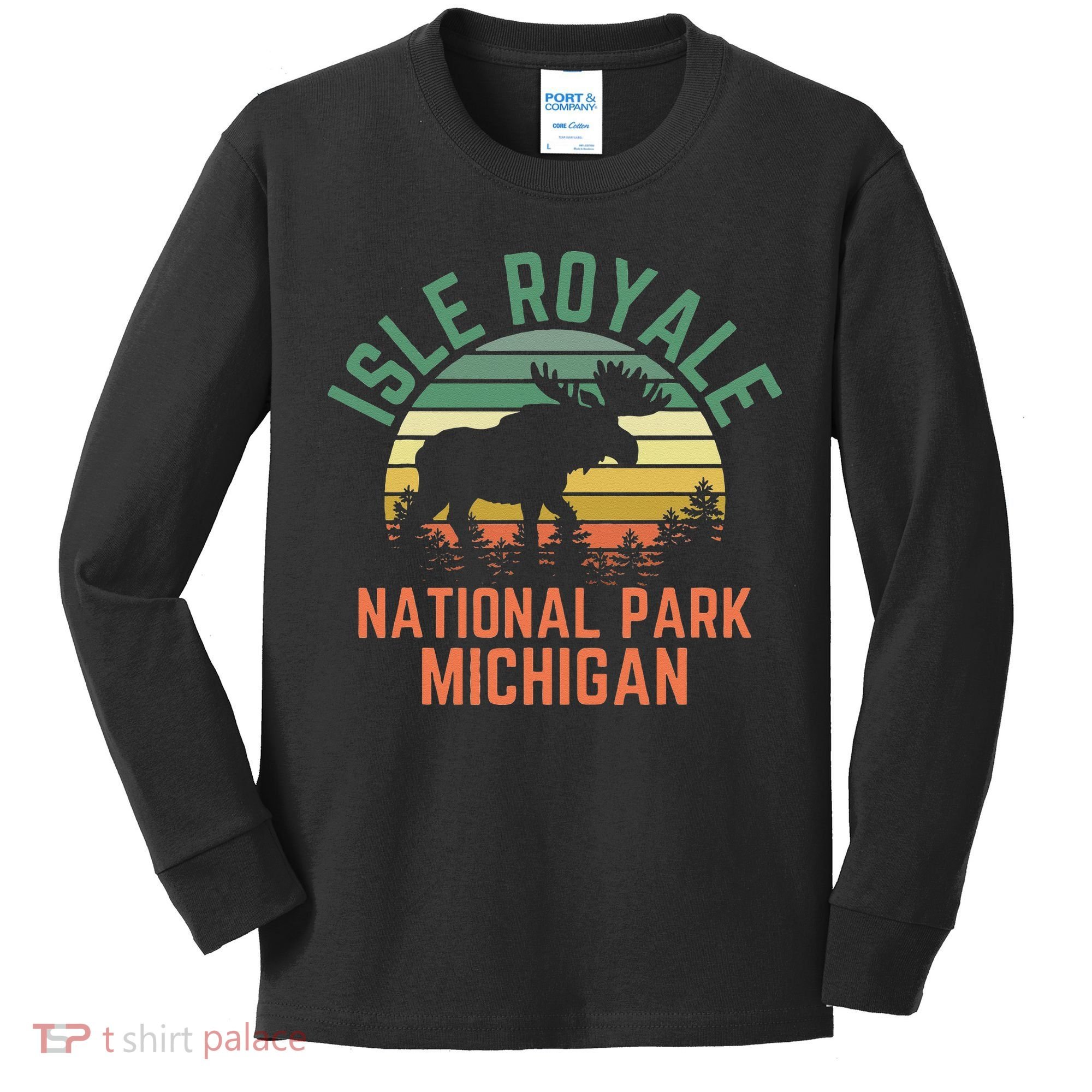 Isle Royale National Park Michigan Moose Hiking Nature Retro Kids Long Sleeve Shirt