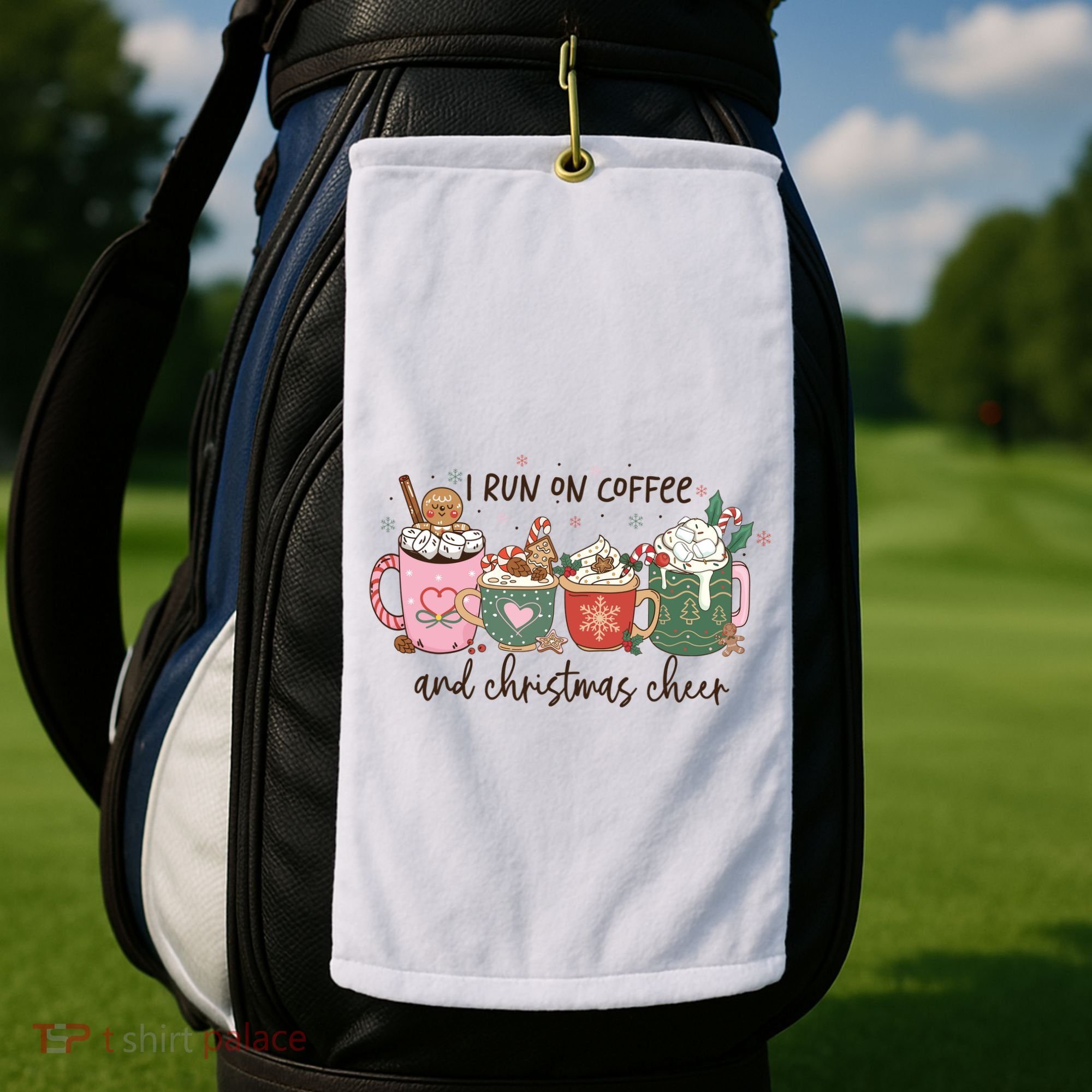 I Run On Coffee And Christmas Cheer Cute Holiday Golf Towel