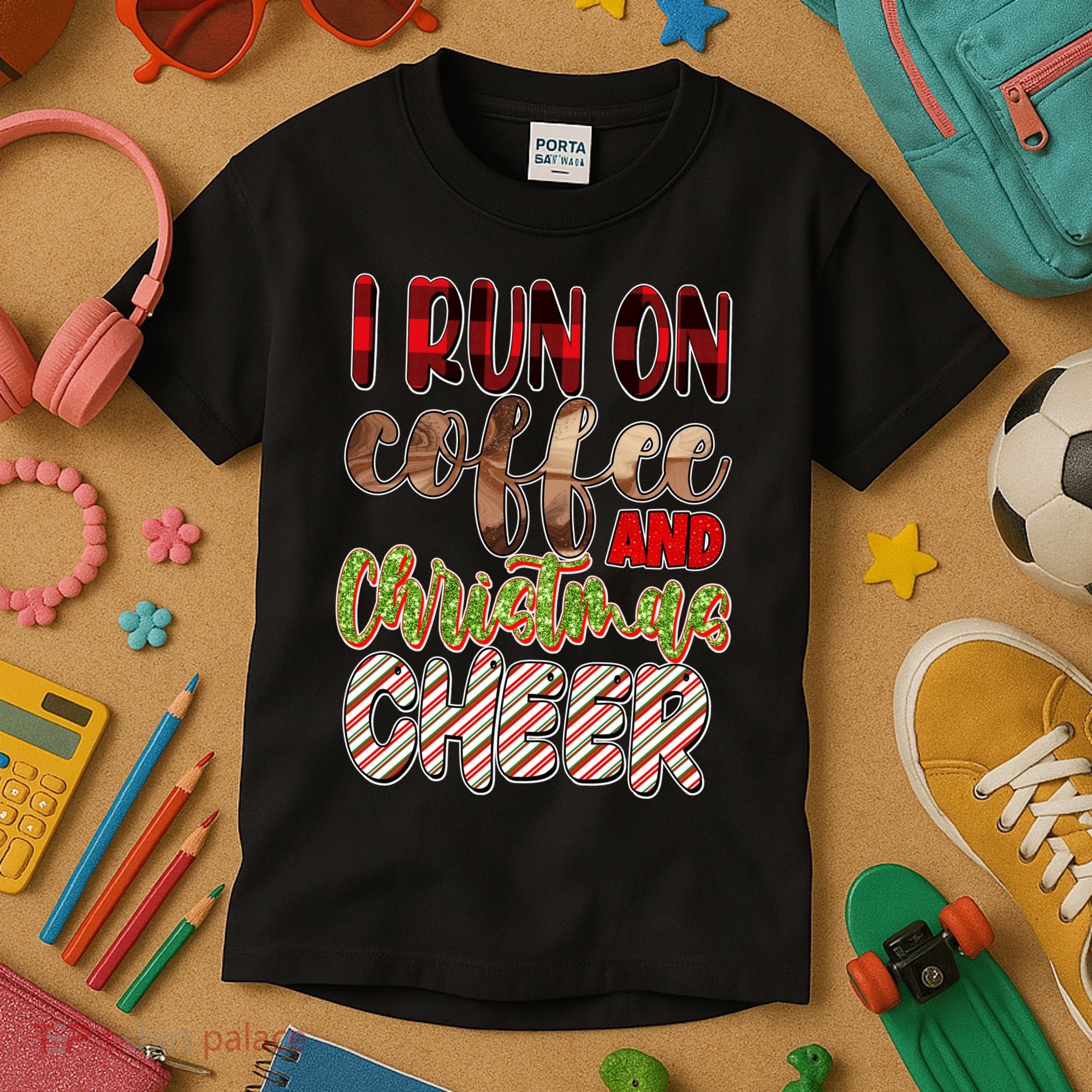 I Run On Coffee And Christmas Cheer Kids T-Shirt