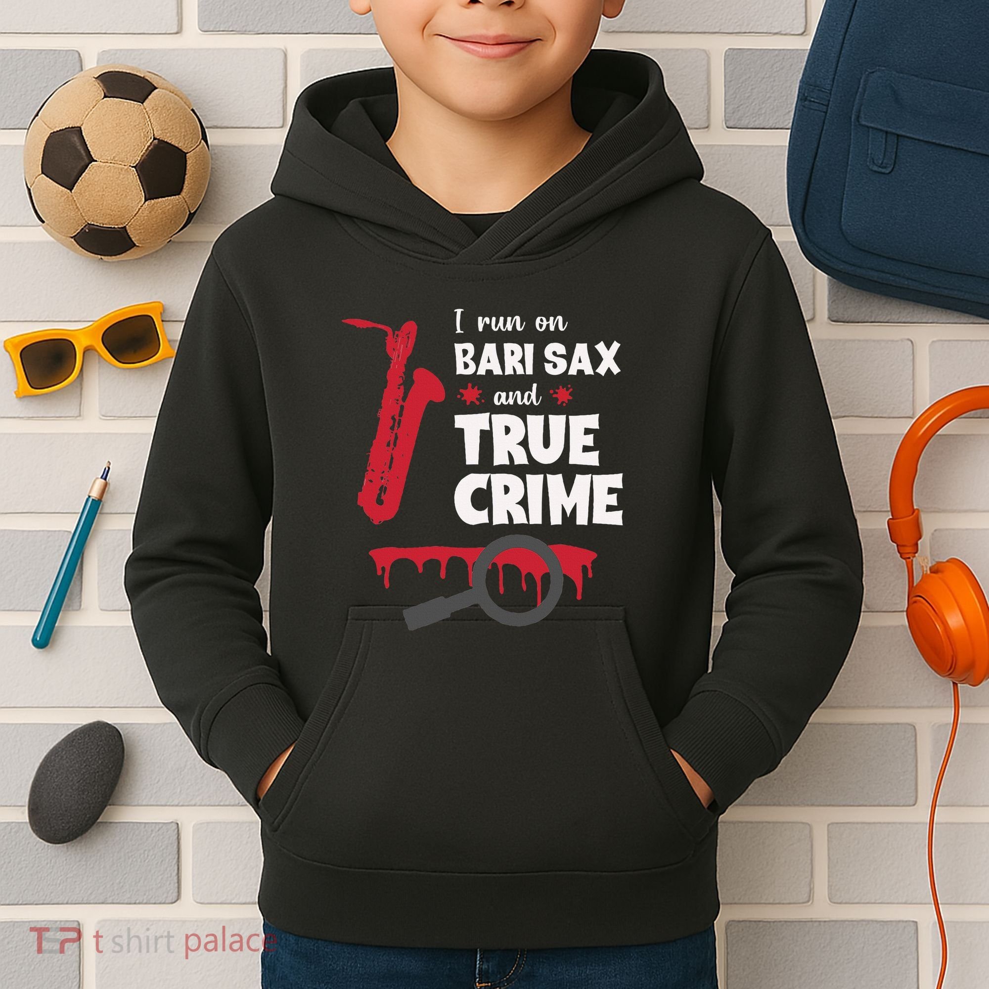 I Run On Bari Sax And True Crime Baritone Saxophonist Kids Hoodie