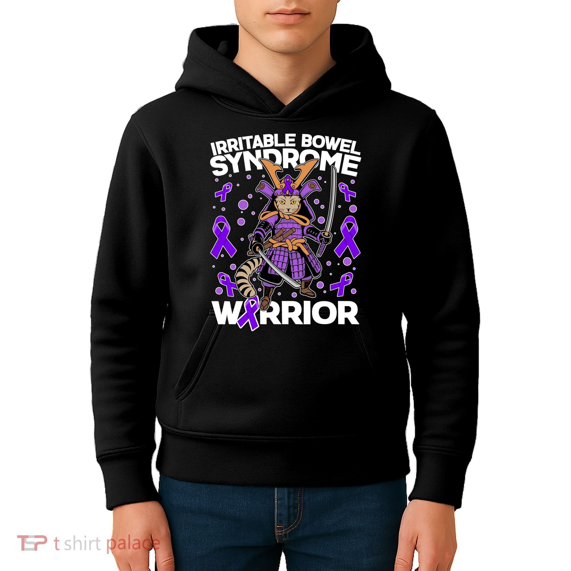 Irritable Bowel Syndrome Warrior Samurai Cat Kids Hoodie