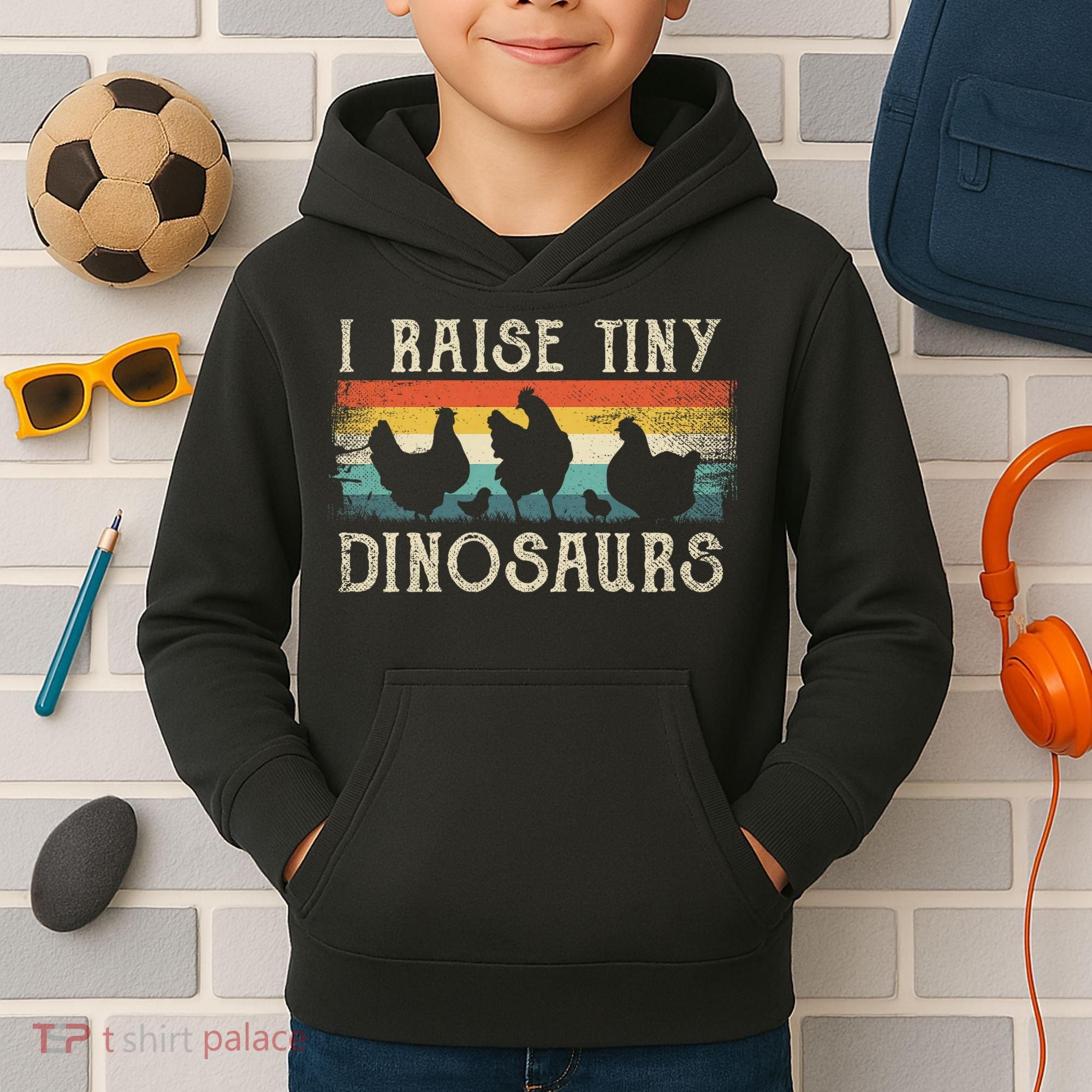 I Raise Tiny Dinosaurs Retro 70s Chicken Silhouette Kids Hoodie