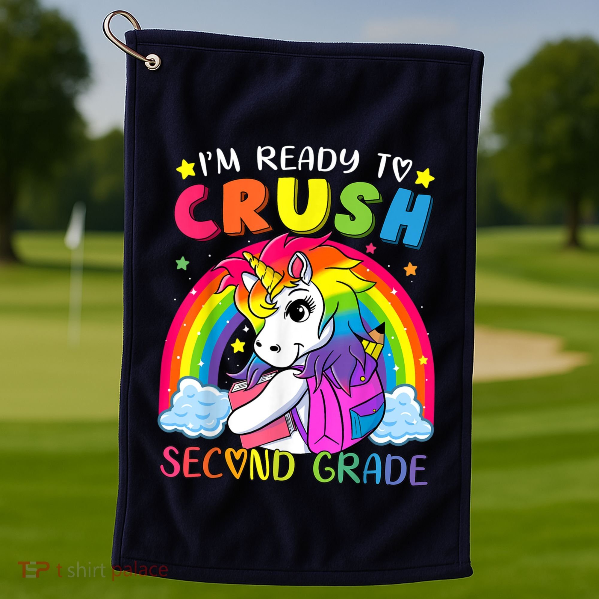 Im Ready To Crush Second Grade Funny Cute Unicorn Rainbow Golf Towel