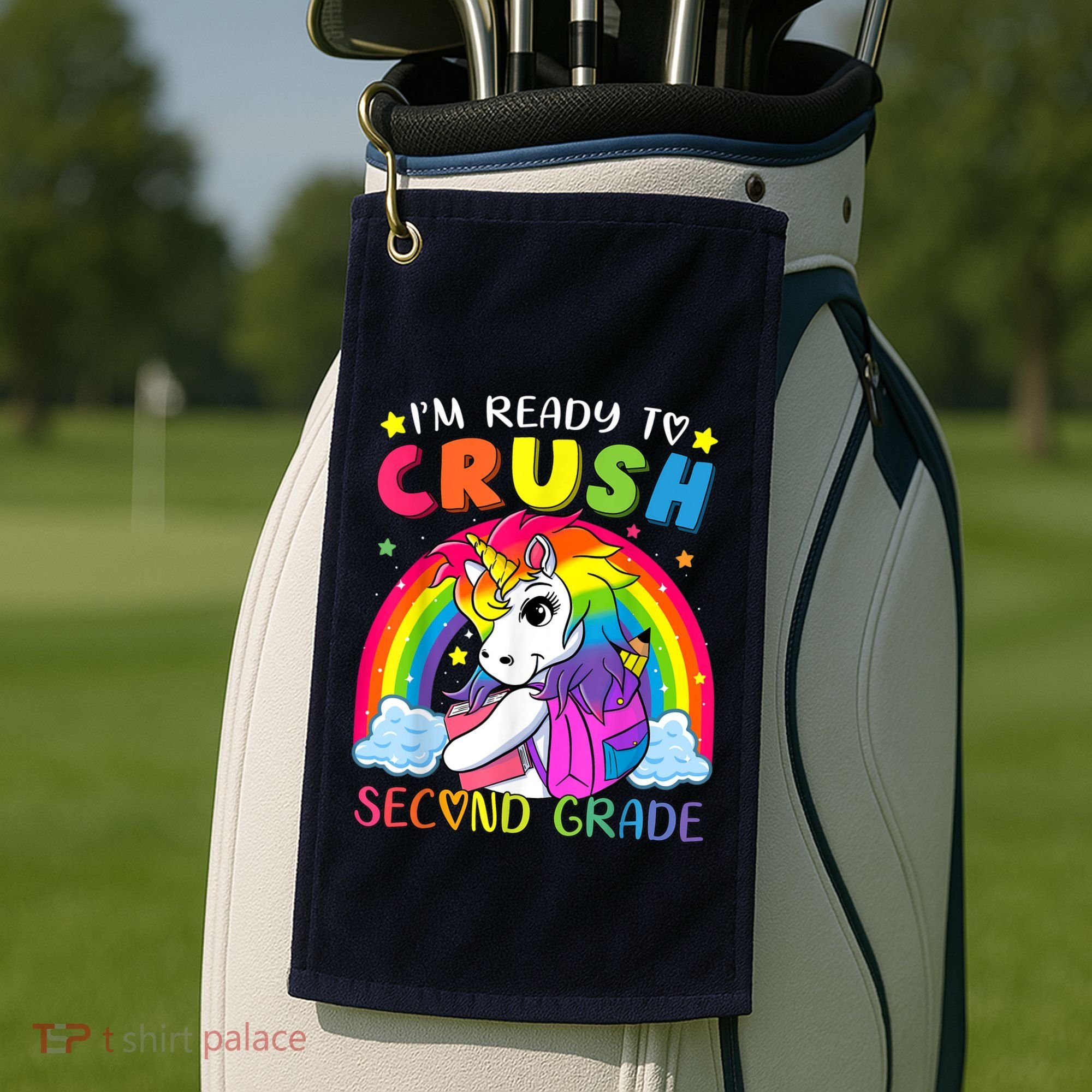 Im Ready To Crush Second Grade Funny Cute Unicorn Rainbow Golf Towel