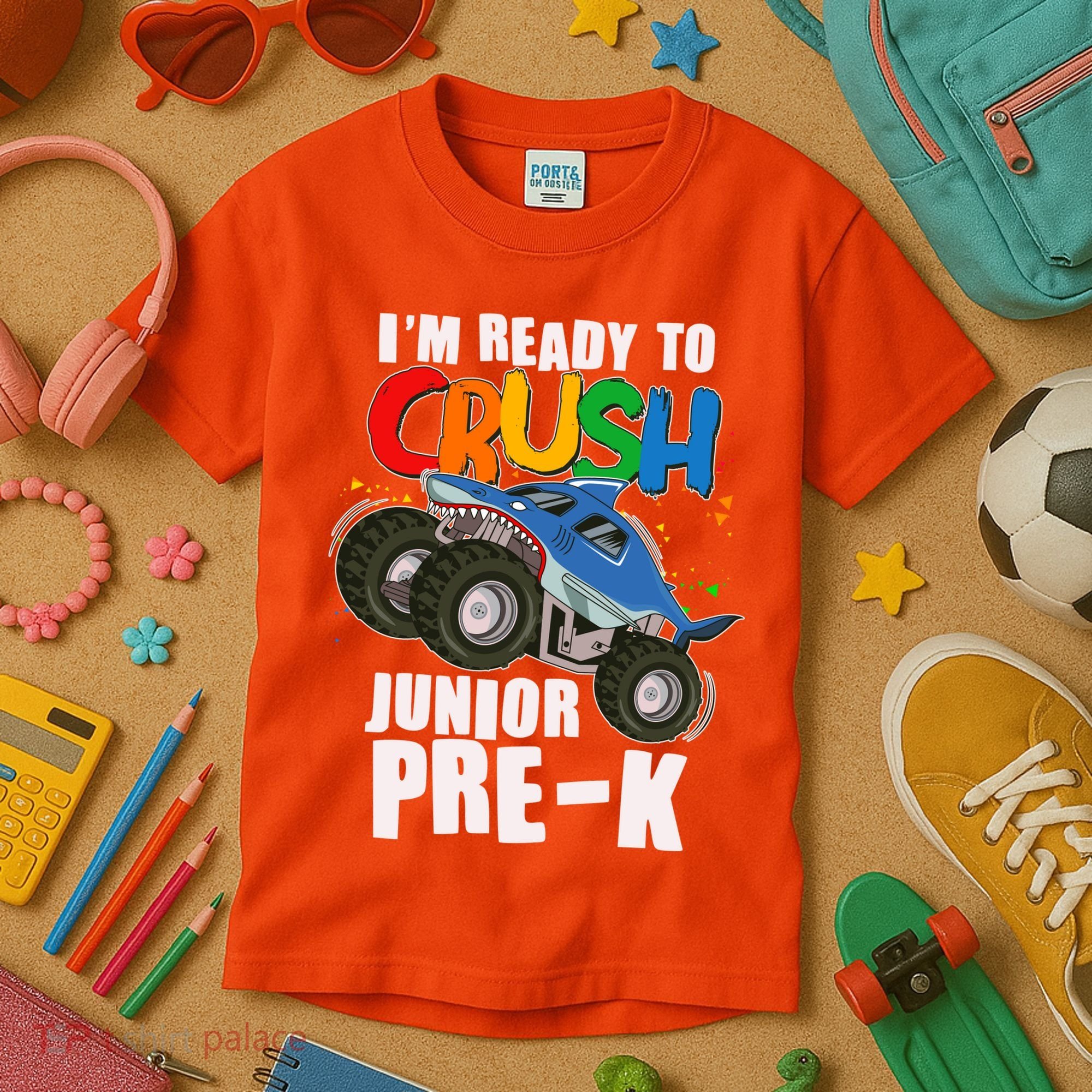 Im Ready To Crush Junior Pre K Shark Monster Truck Kids T-Shirt
