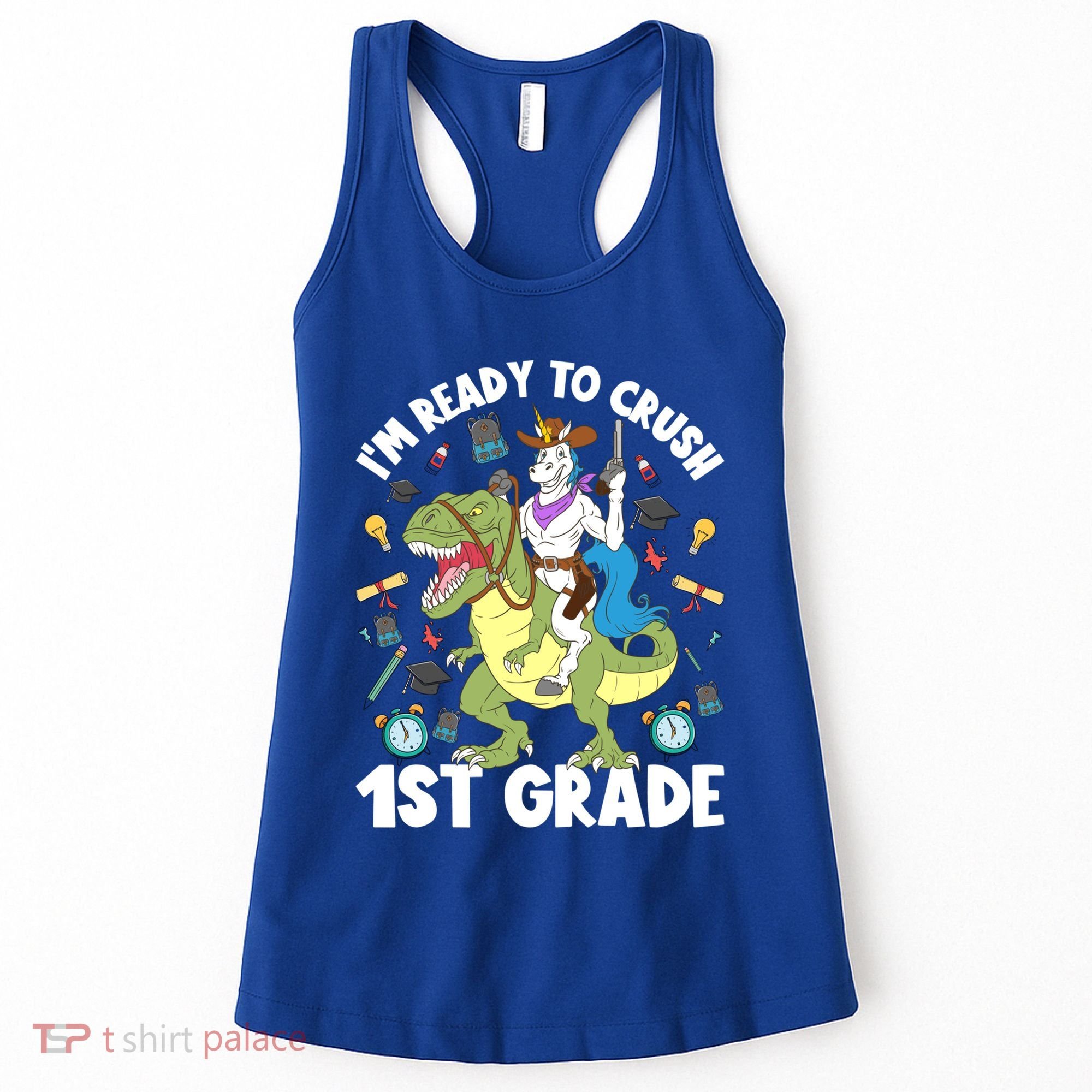 IM Ready To Crush 1st Grade School Unicorn Riding Dinosaur Cute Gift Women's Tank Top