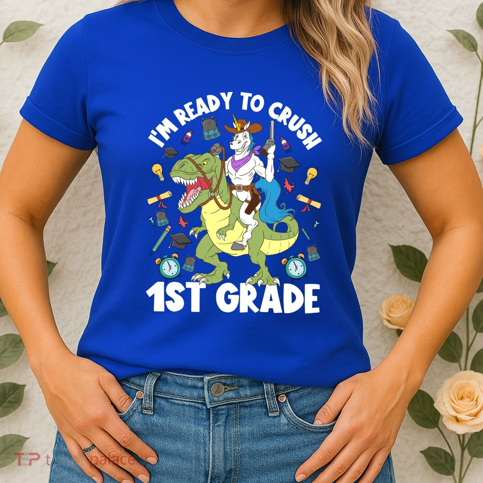 IM Ready To Crush 1st Grade School Unicorn Riding Dinosaur Cute Gift Women's T-Shirt