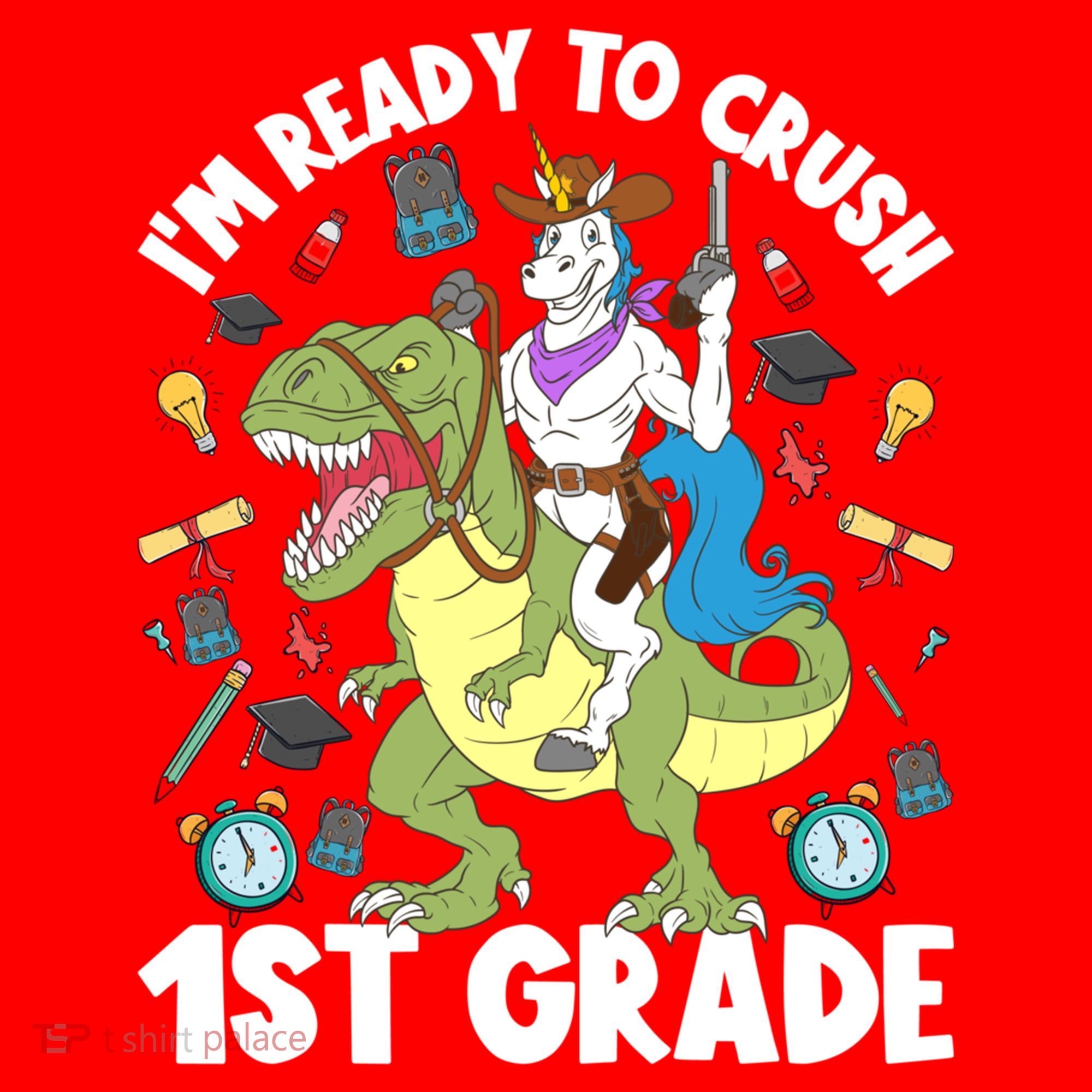 IM Ready To Crush 1st Grade School Unicorn Riding Dinosaur Cute Gift Santa Hat